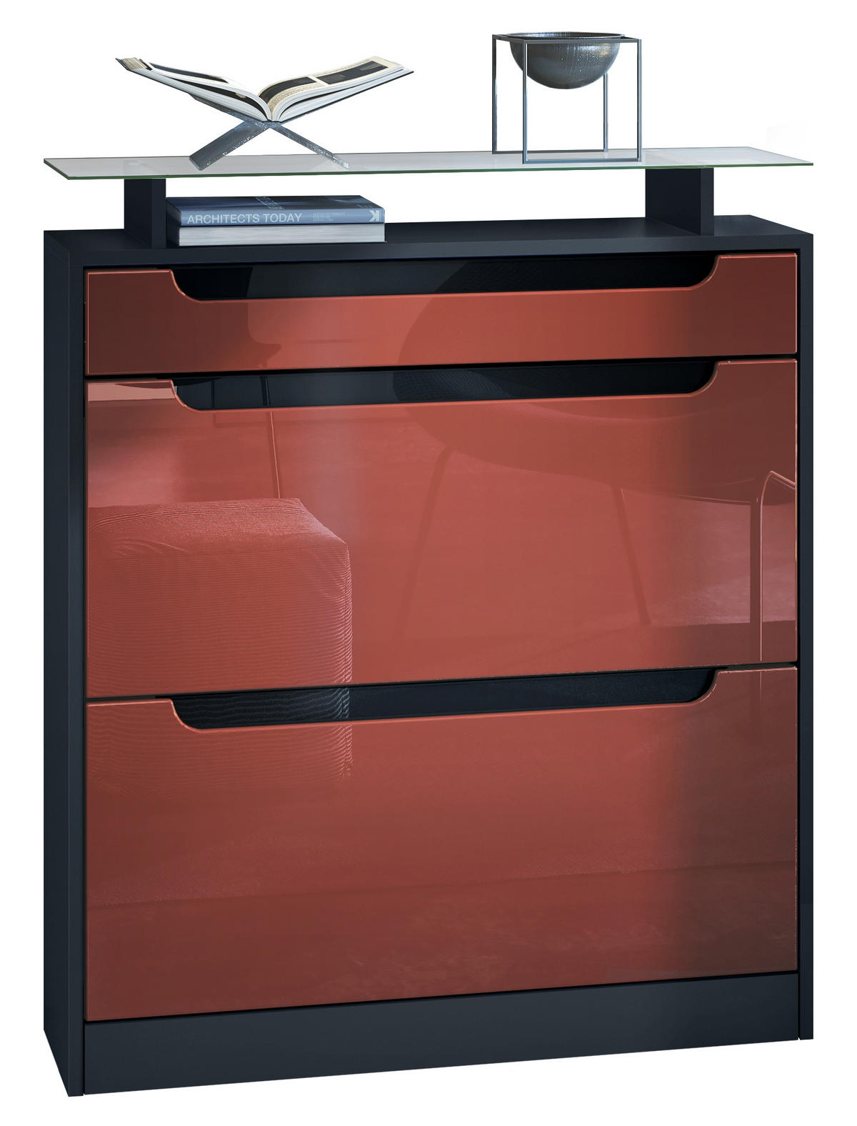SCHUHSCHRANK Fiesta Bordeaux Hochglanz / Schwarz Hochglanz - Bordeaux, Holzwerkstoff (89/104/23cm) - Vladon
