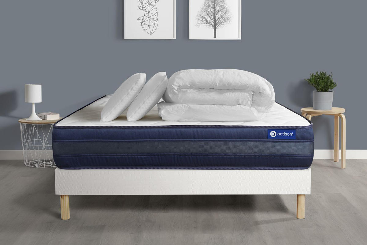 BETT Actiflex tech Taschenfederkern und Memory-Schaum 180 x 200 cm h4 - Kit Bettgestell Weiß - Mit Kissen und Bettdecke - Beige/Weiß, Holz/Textil (180/200cm) - ACTISOM