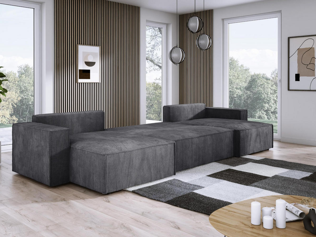 ECKSOFA Poso XXL U-förm, Schlaffunktion, weiche Kissen, Bettkasten, hochwertige Polsterung, lose Rückenkissen, freistehend, 377x143x83 cm Graphite - Graphitfarben, Holz/Textil (377/83/143cm) - DomoHome