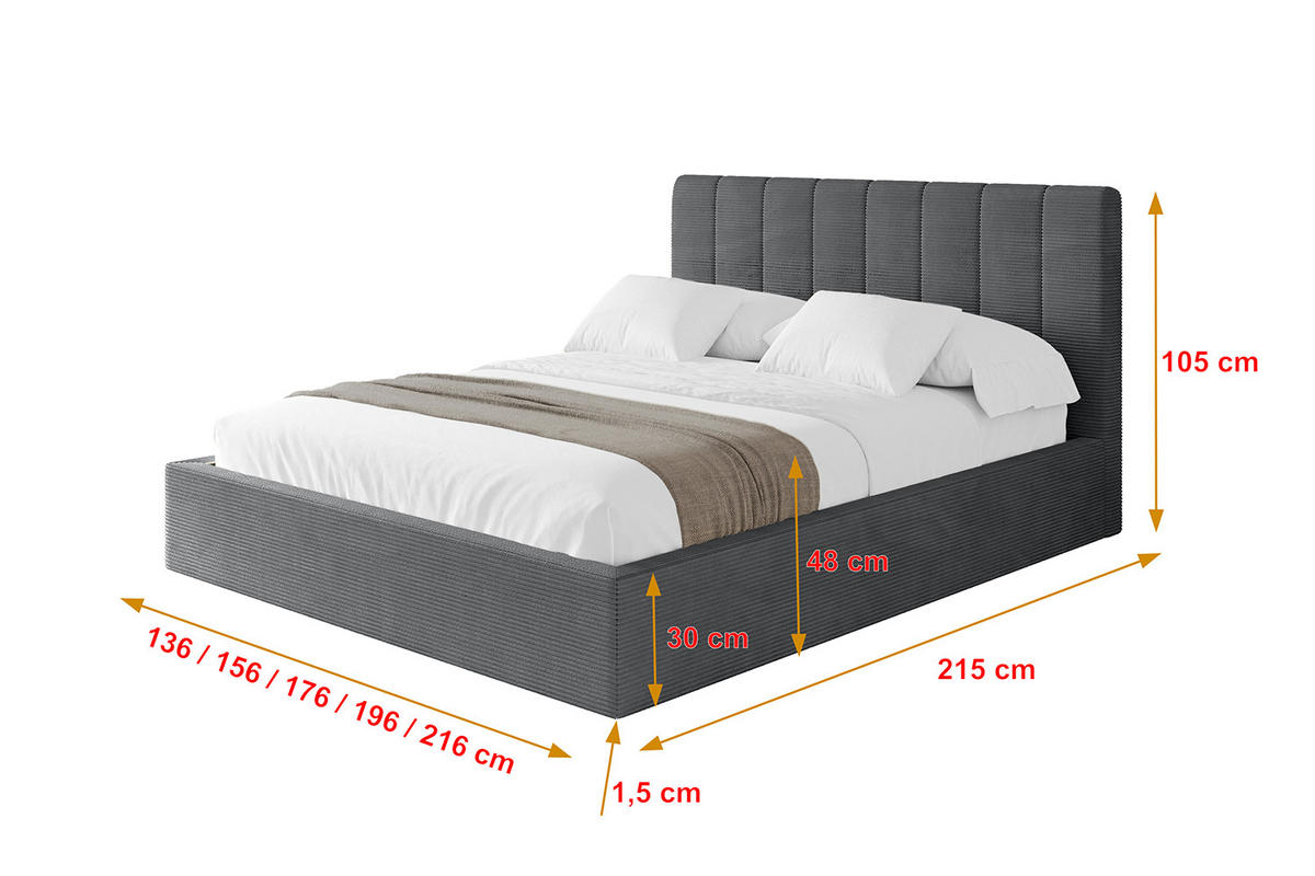 POLSTERBETT mit Bettkasten und Lattenrost, Bett mit Matratze H3/H4 - STERA 160x200 Dunkelgrau - Graphitfarben, Holzwerkstoff/Textil (160/200cm) - ALTDECOR
