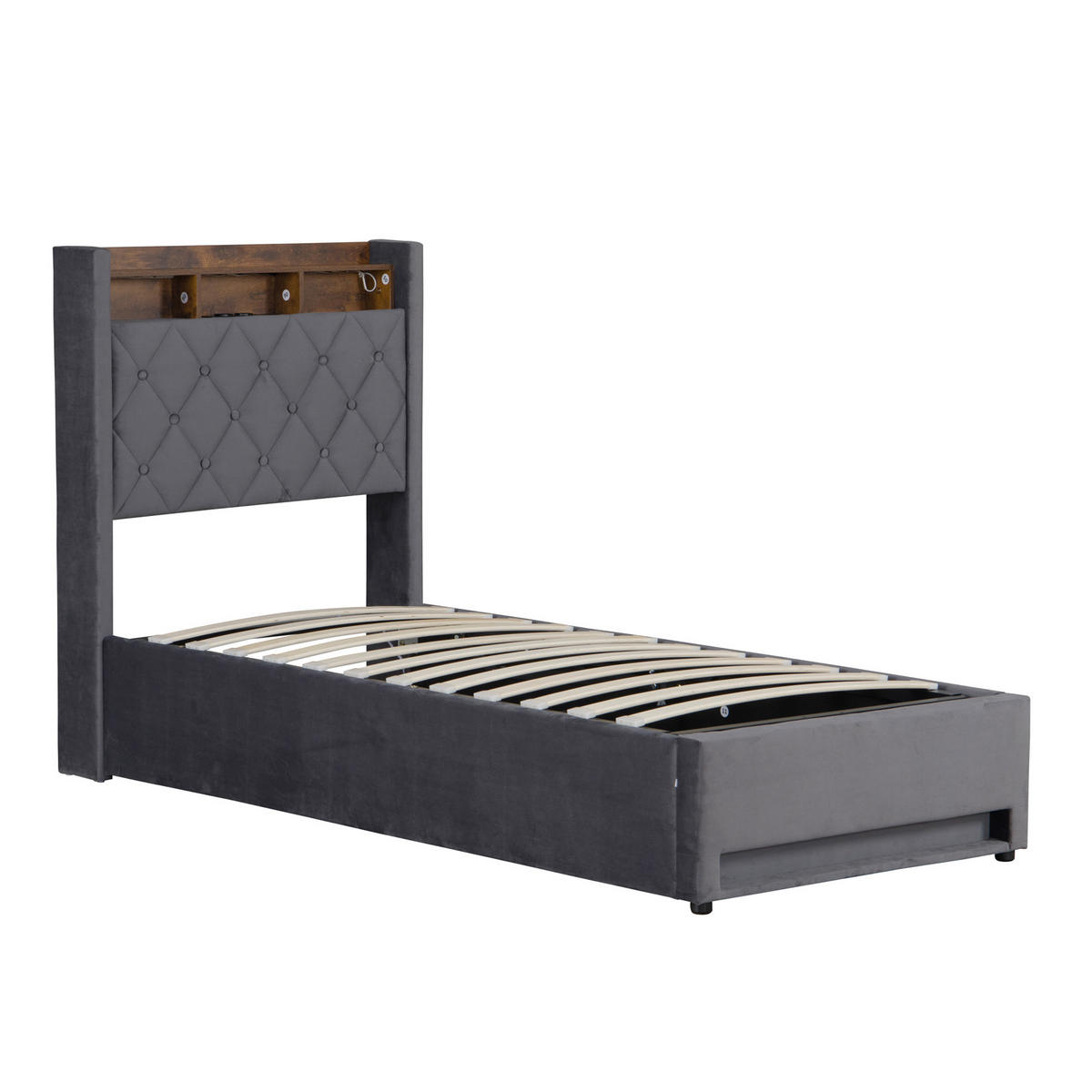 POLSTERBETT 90x200cm mit LED-Beleuchtung,mit Bettkasten,Grau Bettgestell - Grau, Holzwerkstoff/Textil (90/200cm) - EVRYAE