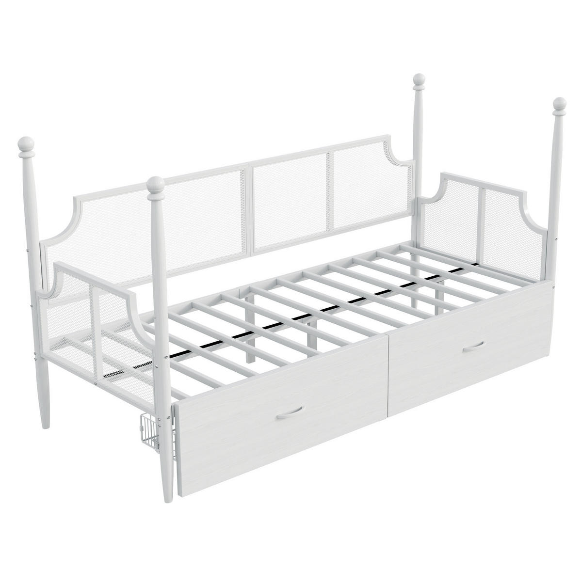 METALLBETT 90/200 cm weiß mit Vintage-Rückenlehne und Ablagefächern - Weiß, Metall (90/200cm) - OKWISH
