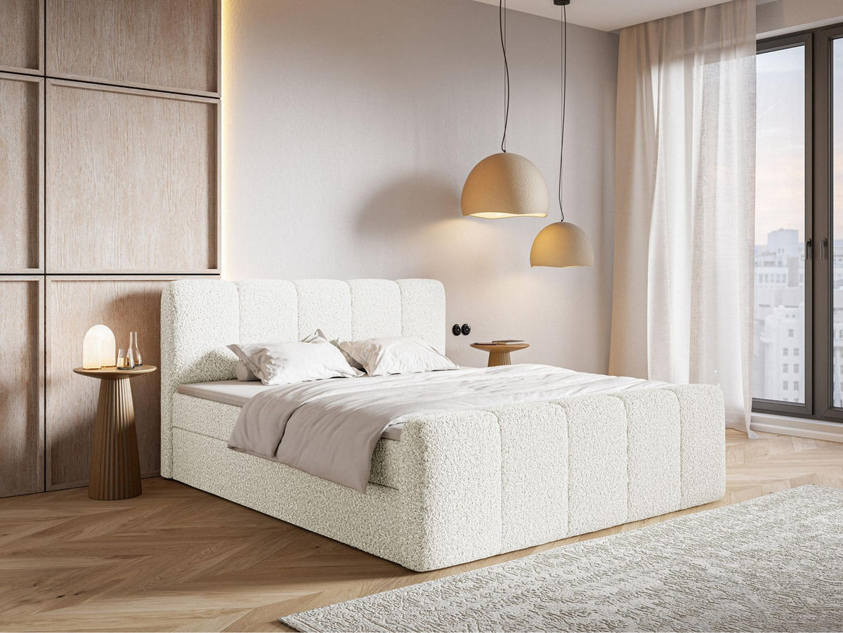 BOXBETT Cloudy II mit Bettkästen und Topper Bouclé Creme, 200x200 cm - Creme/Schwarz, Kunststoff/Textil (200/200cm) - Selsey