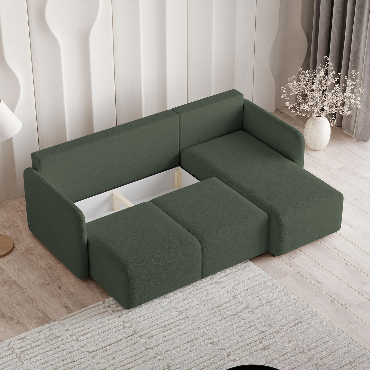 ECKSOFA SUVINO Grün Boucle-Stoff mit Schlaffunktion - Grün, Holz (230/143cm) - MASSENO
