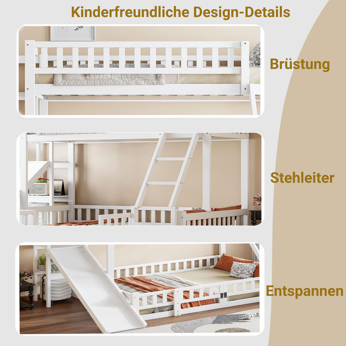 ETAGENBETT 140/200 cm Weiß aus Kiefernholz mit Rutsche und Regalen - Weiß, Holz (140/200cm) - OKWISH