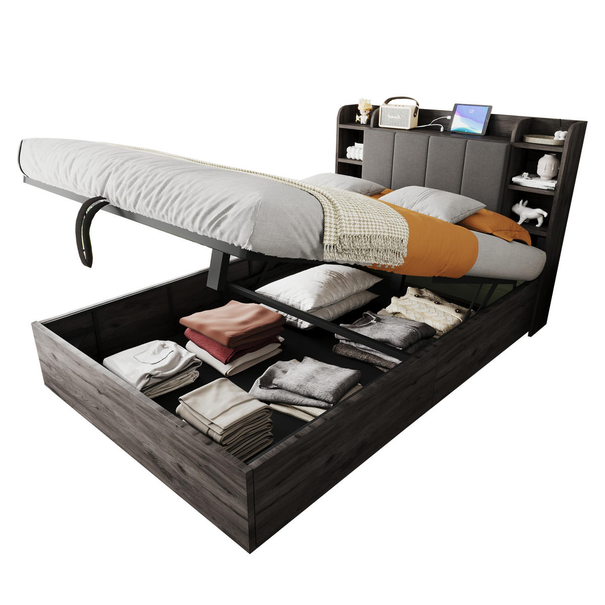 BETT 140/200 cm in Grau & Natur mit Stauraum, Regal und USB - Grau, Holz/Holzwerkstoff (140/200cm) - WISHDOR