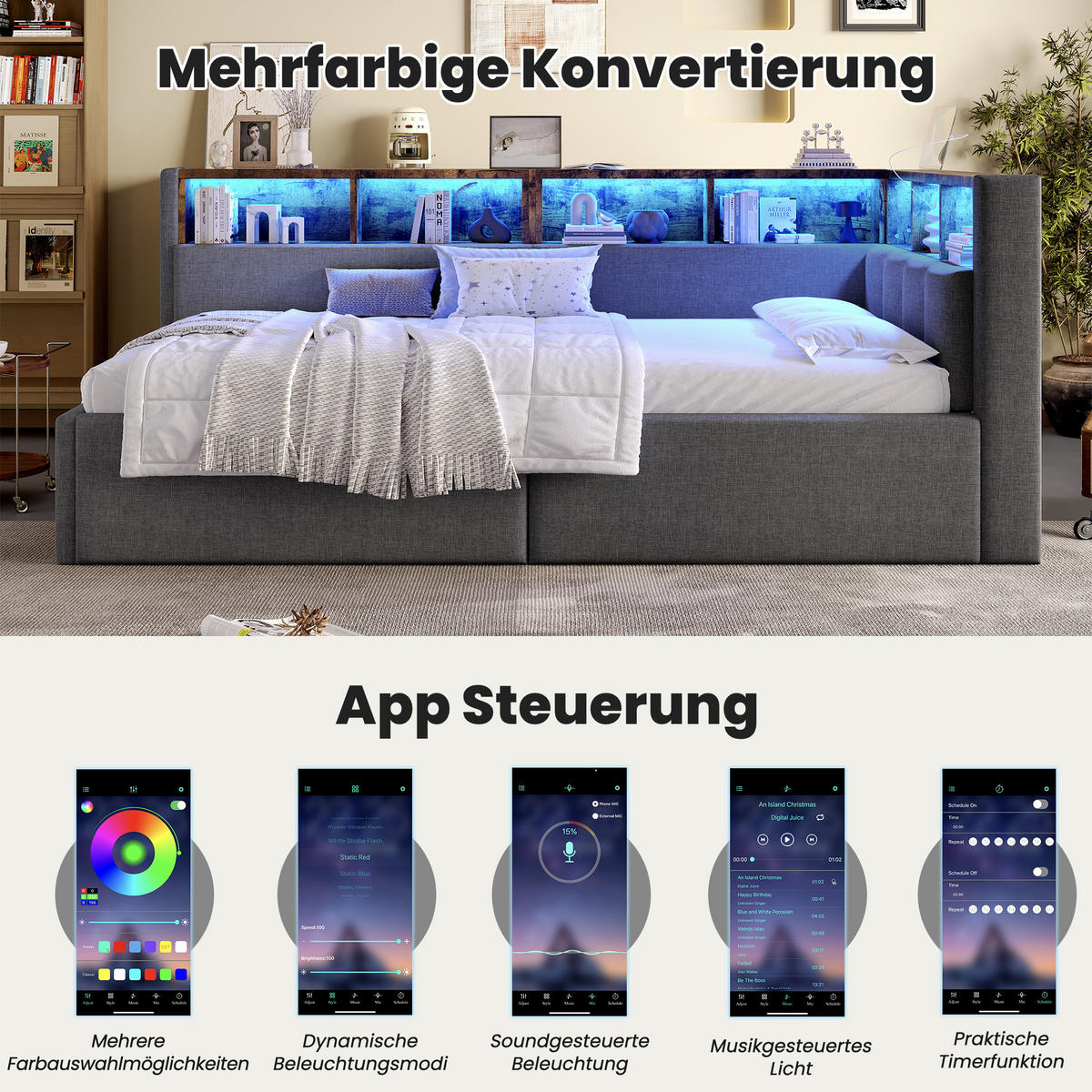 TAGEBETT 90x200cm Grau Leinen USB-C Hydraulik LED-Streifen - Grau, Holz (90/200cm) - FLIEKS