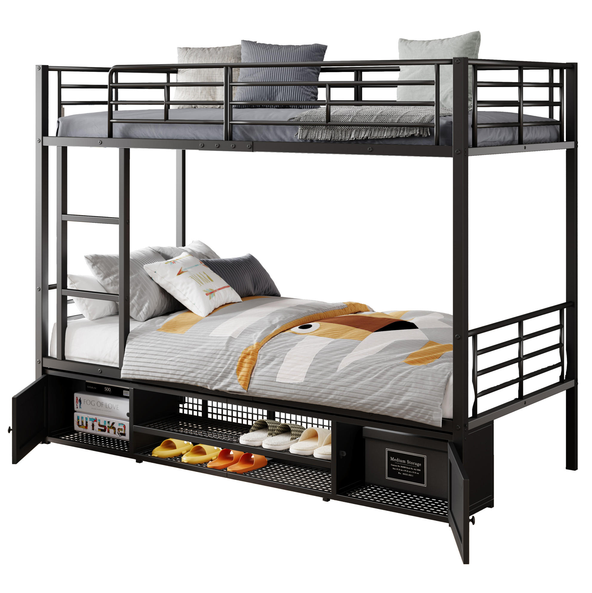 ETAGENBETT 90/200 cm aus Metall mit Schuhablage und 2 Türen in Schwarz - Schwarz, Metall (90/200cm) - BEAOK
