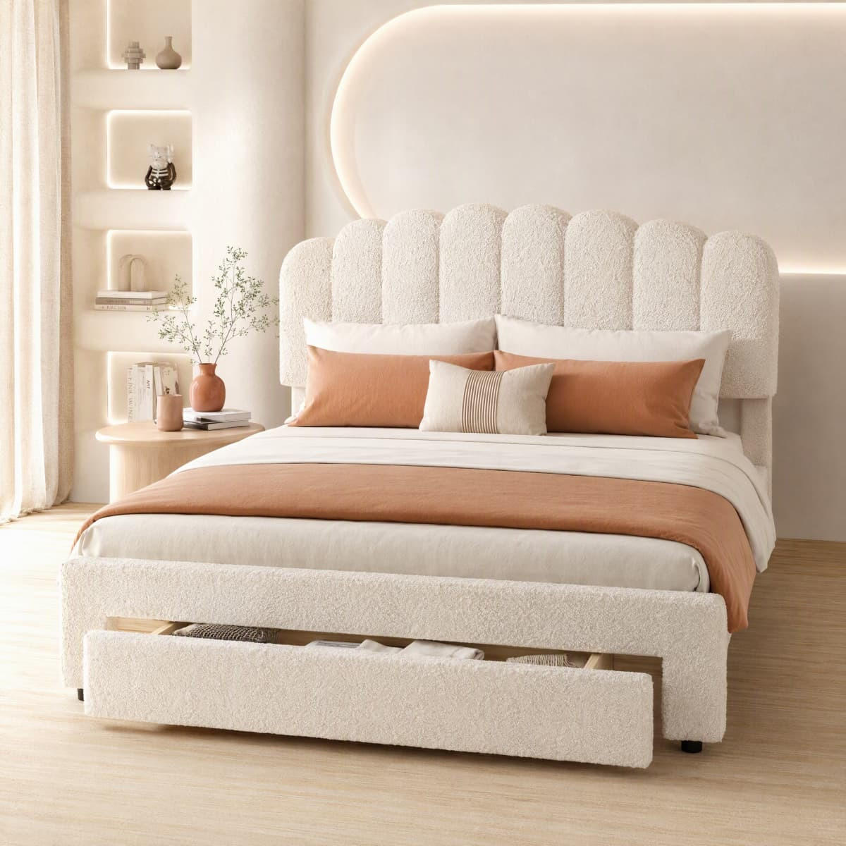 POLSTERBETT 160x200cm beigefarbenes Teddybär-Plüsch-Doppelbett mit USB-Anschluss und Schubladen. - Beige, Textil (160/200cm) - CASIVA