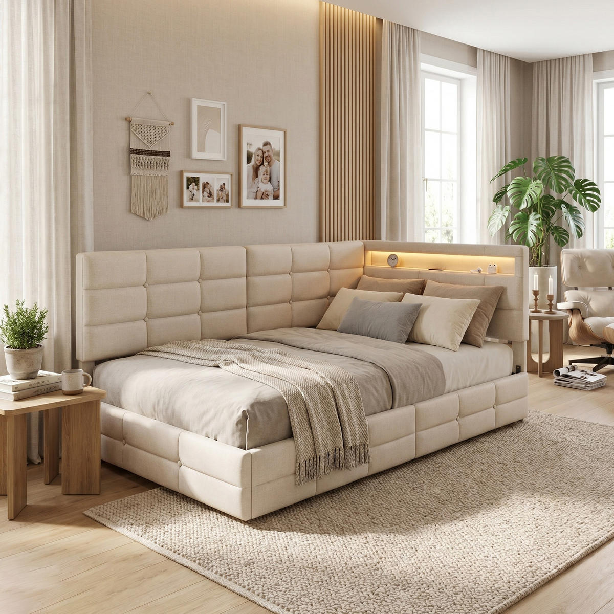 POLSTERBETT Reversibel 90/200 cm mit 2 Schubladen & RGB-LED Leinenoptik Beige - Beige, Textil (90/200cm) - Creahappy