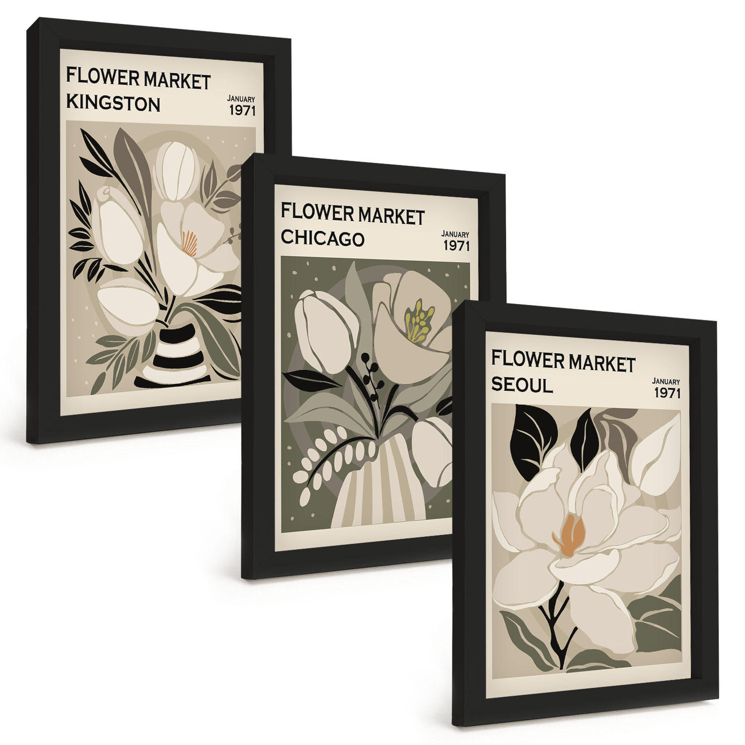 BILDER SET 3er Set - 20x30 cm Schwarzer Rahmen - Blumen Kingston Seoul Chicago Retro - Schwarz, Kunststoff (20/30cm) - TULUP