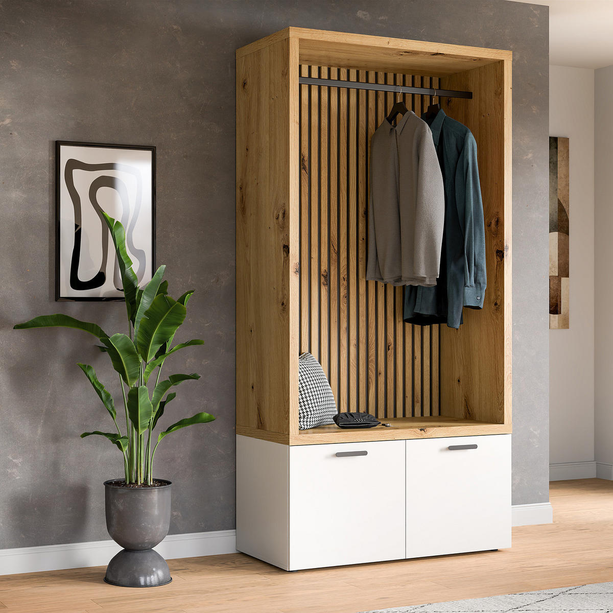 KOMPAKTGARDEROBE - Weiß / Eiche Artisan Dekor - Eichefarben/Weiß, Holzwerkstoff (106/200/47cm) - home24