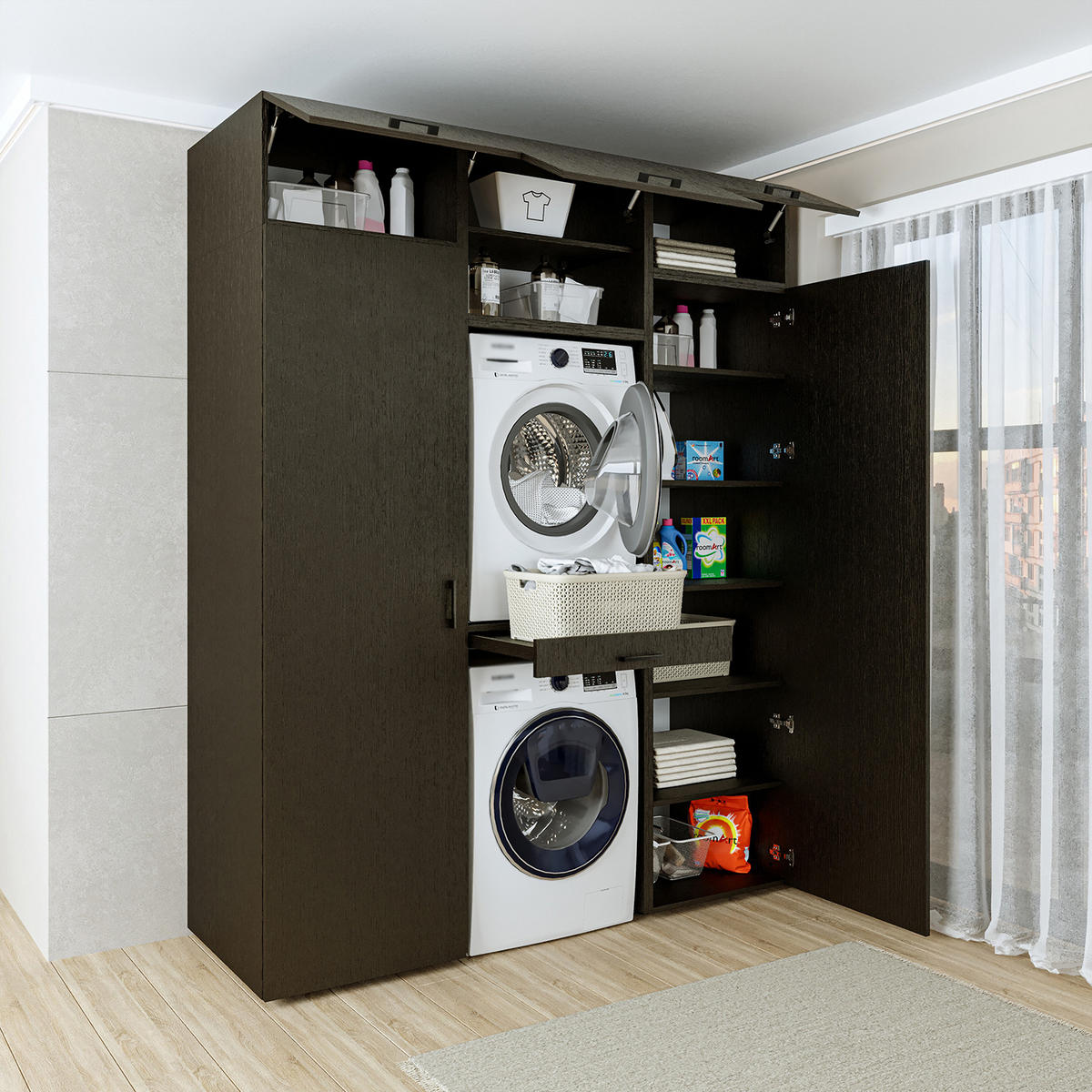 WASCHMASCHINENSCHRANK DUO-I 187cm Breit, 240cm Hoch - Schwarz, Holzwerkstoff (187/240/67cm)