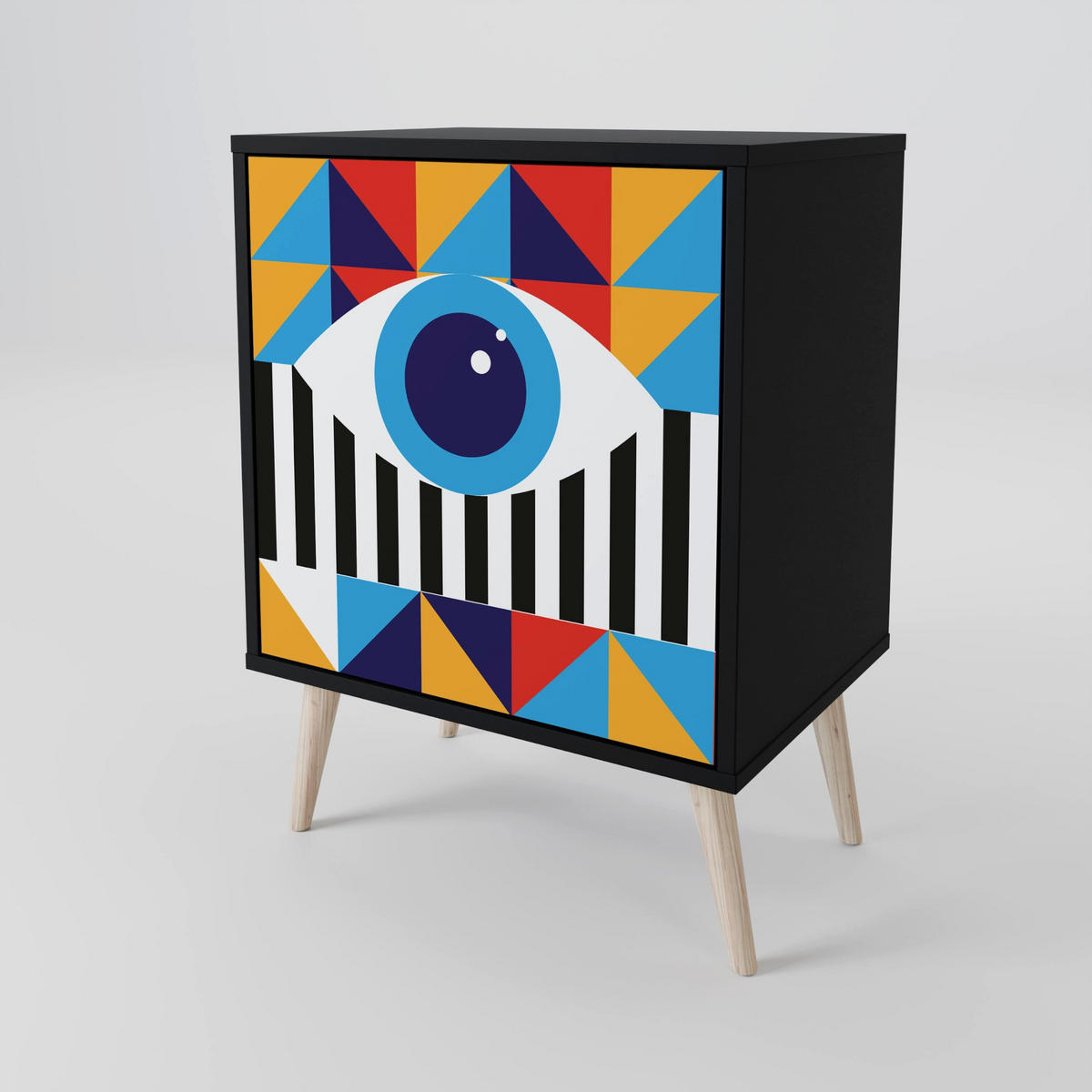 SIDEBOARD ABSTRACTION AND GEOMETRY, Schwarz, 57,5x42x70,5 cm, Schwarze Metall-Sternfüße - Multicolor/Schwarz, Holzwerkstoff/Metall (57.5/70.5/42cm) - SpaceRebels