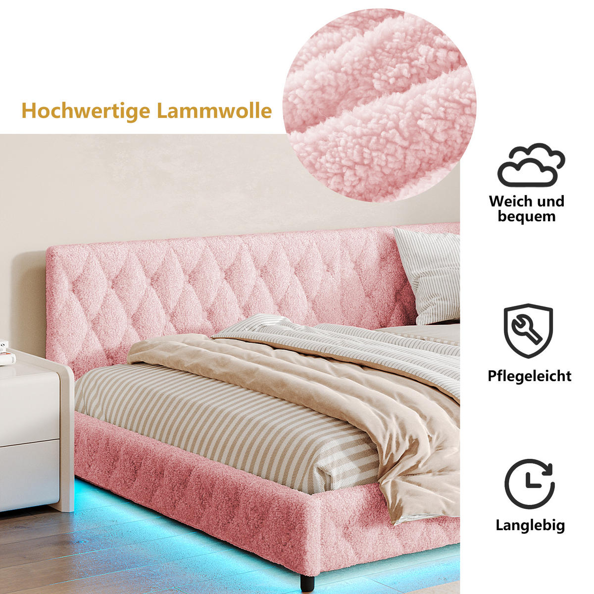 TAGESBETT Polsterbett 140x200 cm, Rosa, LED-Beleuchtung und USB-Anschluss - Rosa, Textil/Metall (140/200cm)