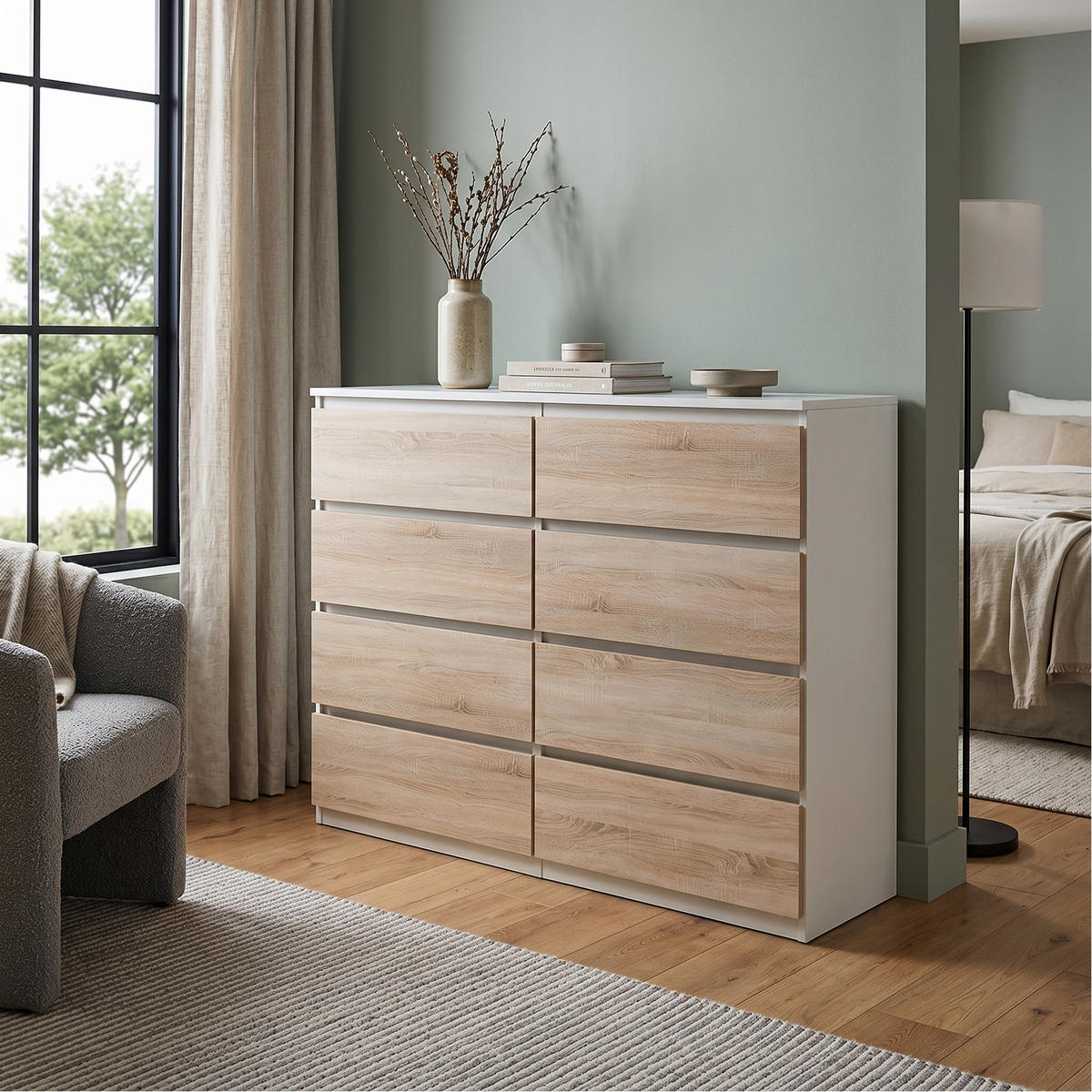 KOMMODE NUDO 120/101,5/39cm mit 8 Schubladen Türen Weiß - Weiß/Sonoma Eiche, Holzwerkstoff (120/101.5/39cm) - MASSENO