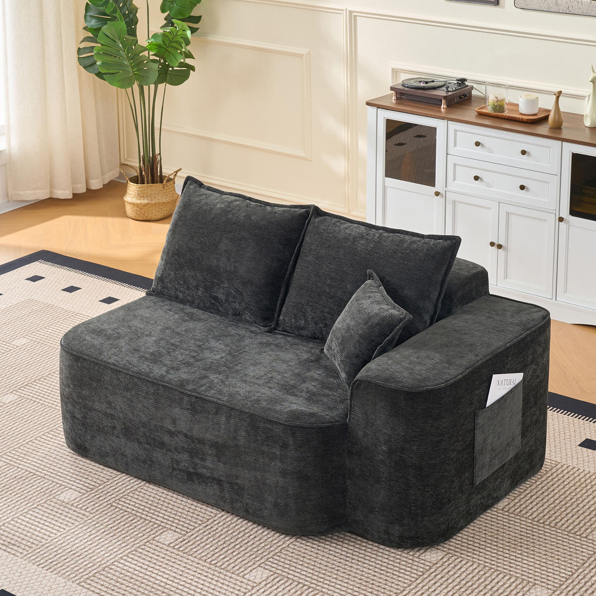 2-SITZER-SOFA aus Chenille mit Seitentaschen, schwarz - Schwarz, Textil (95/65/150cm)