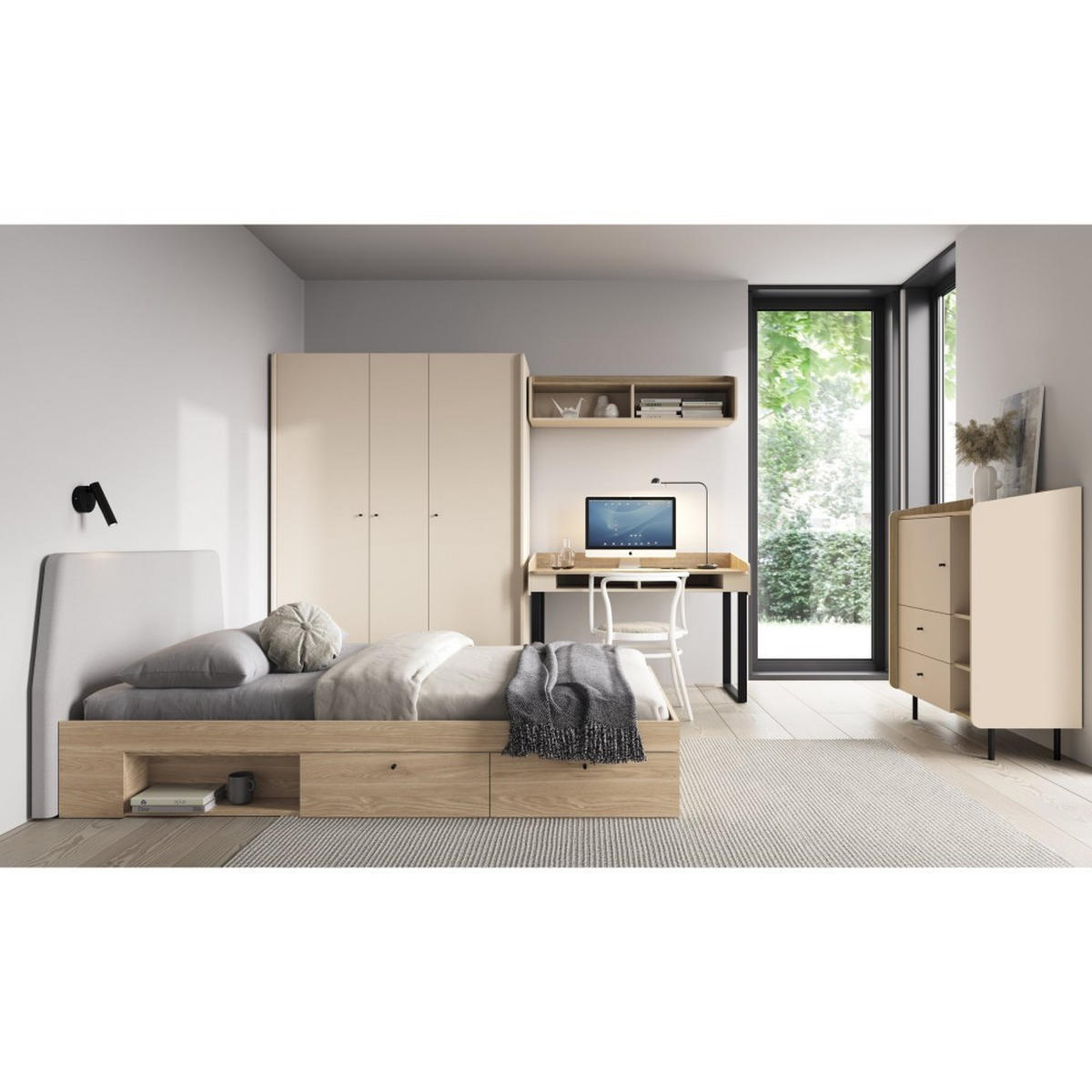 JUGENDBETT Alex mit 2 Schubladen, 90x200 cm, Sandbeige - Beige/Schwarz, Holzwerkstoff (90/200cm) - Beautysofa