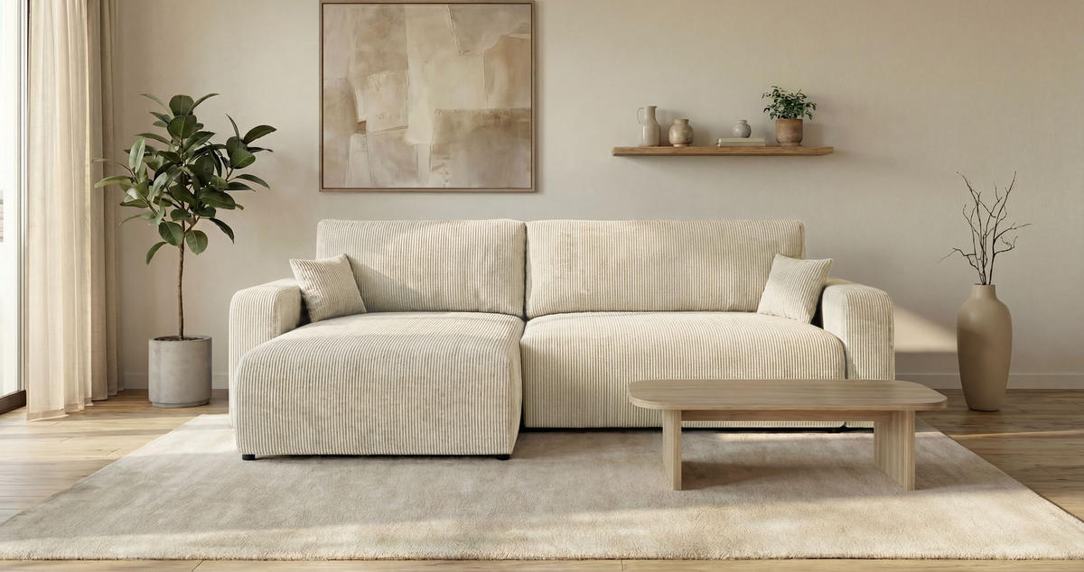 ROHOVÁ pohovka BERLIN levá bílá manšestr Poso 100 - funkce spaní, úložný prostor - bílá, textil (285/185cm) - Cornero