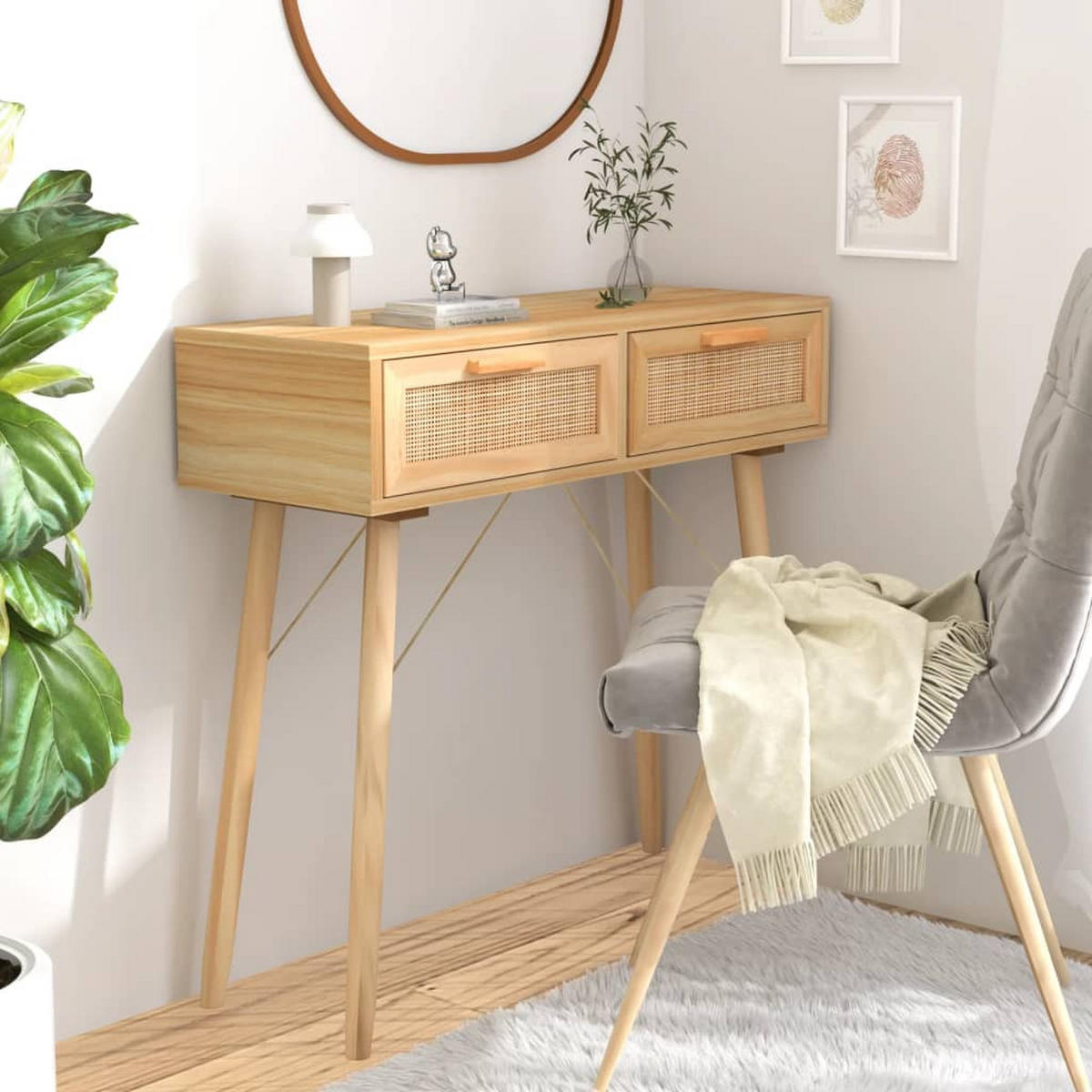 KONSOLENTISCH Braun 80x30x75 cm Massivholz Kiefer Natur-Rattan - Braun, Holz (80/30/75cm)