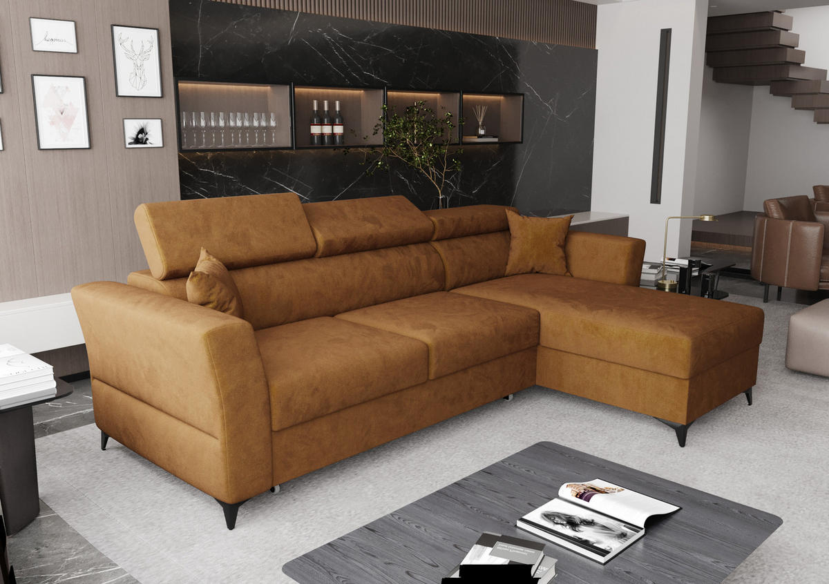 ECKSOFA L Form Ribella Bernstein 265/180/100 cm Rechts mit Schlaffunktion - Gelb/Schwarz, Textil/Metall (265/180cm) - AX Living
