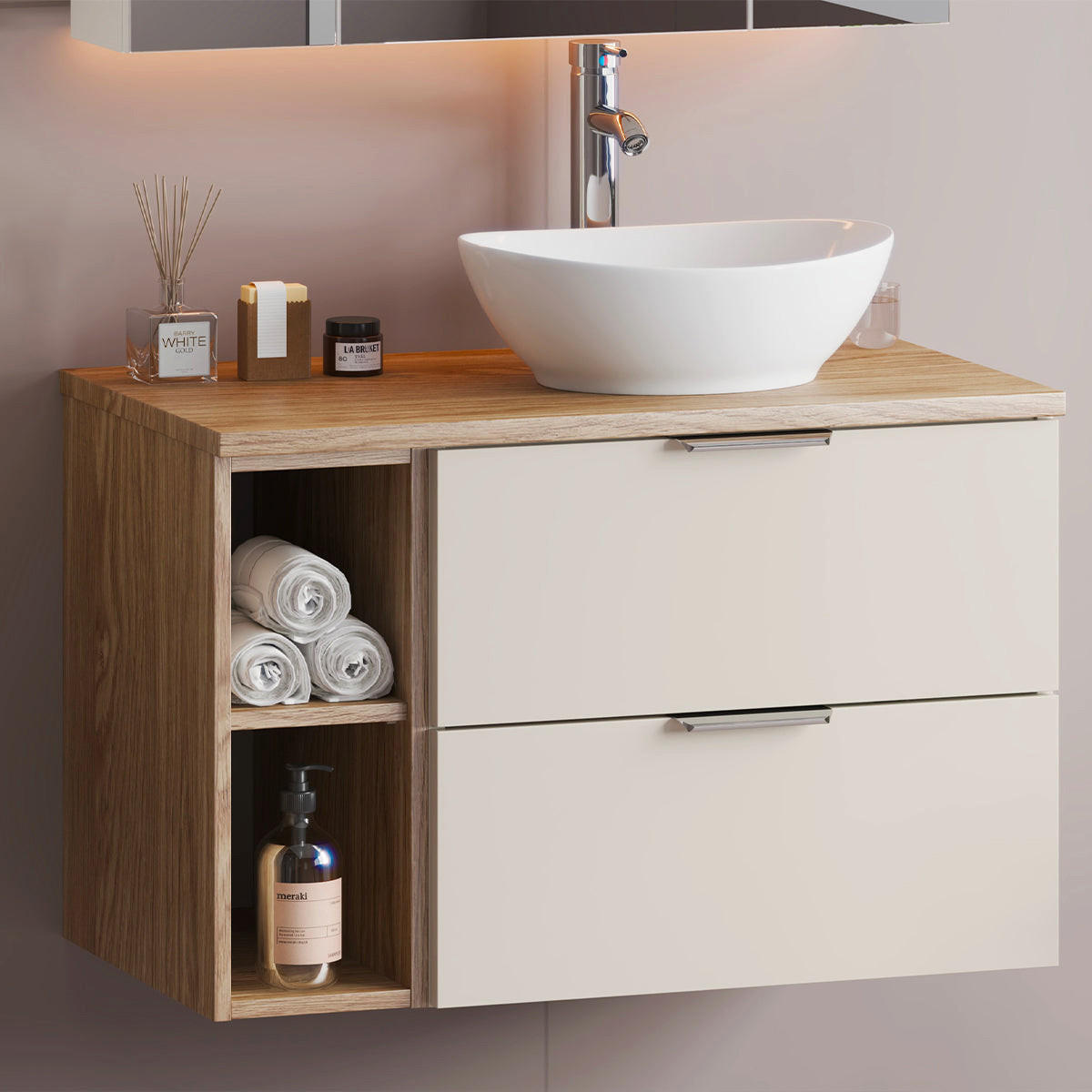WASCHTISCHUNTERSCHRANK 80.6cm Astrid Kaschmir und Holz - Beige, Holzwerkstoff (80.6/52.2/46.5cm) - Petits-meubles