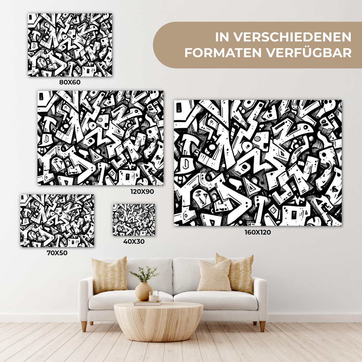 LEINWANDBILD Formen - Buchstaben - Graffiti - Schwarz Wandbilder 80x60 cm - Schwarz, Textil (80/60cm) - MuchoWow