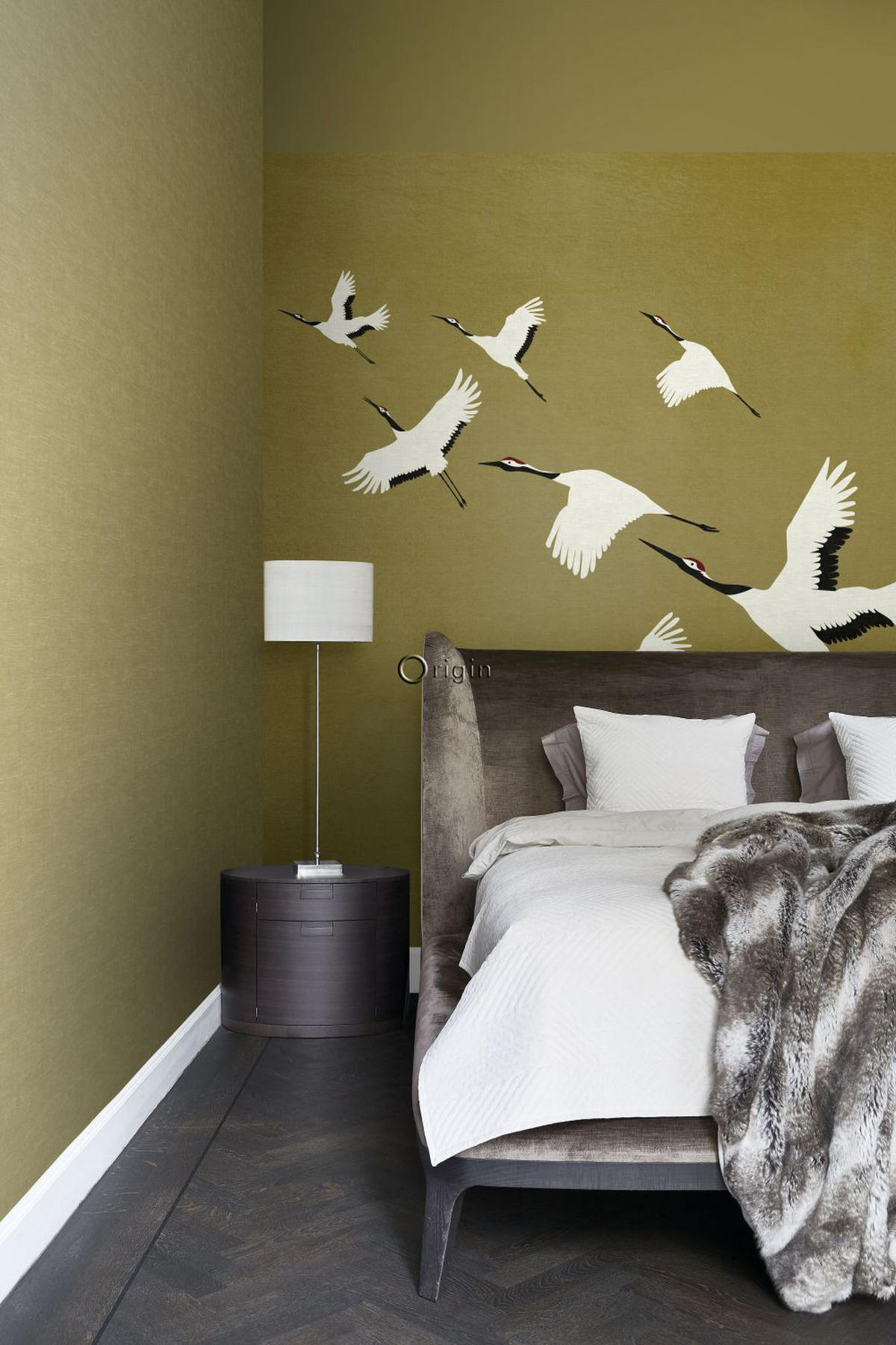 FOTOTAPETE Kraniche 300 x 300 cm - Gelb, Papier (300/300cm) - Origin Wallcoverings
