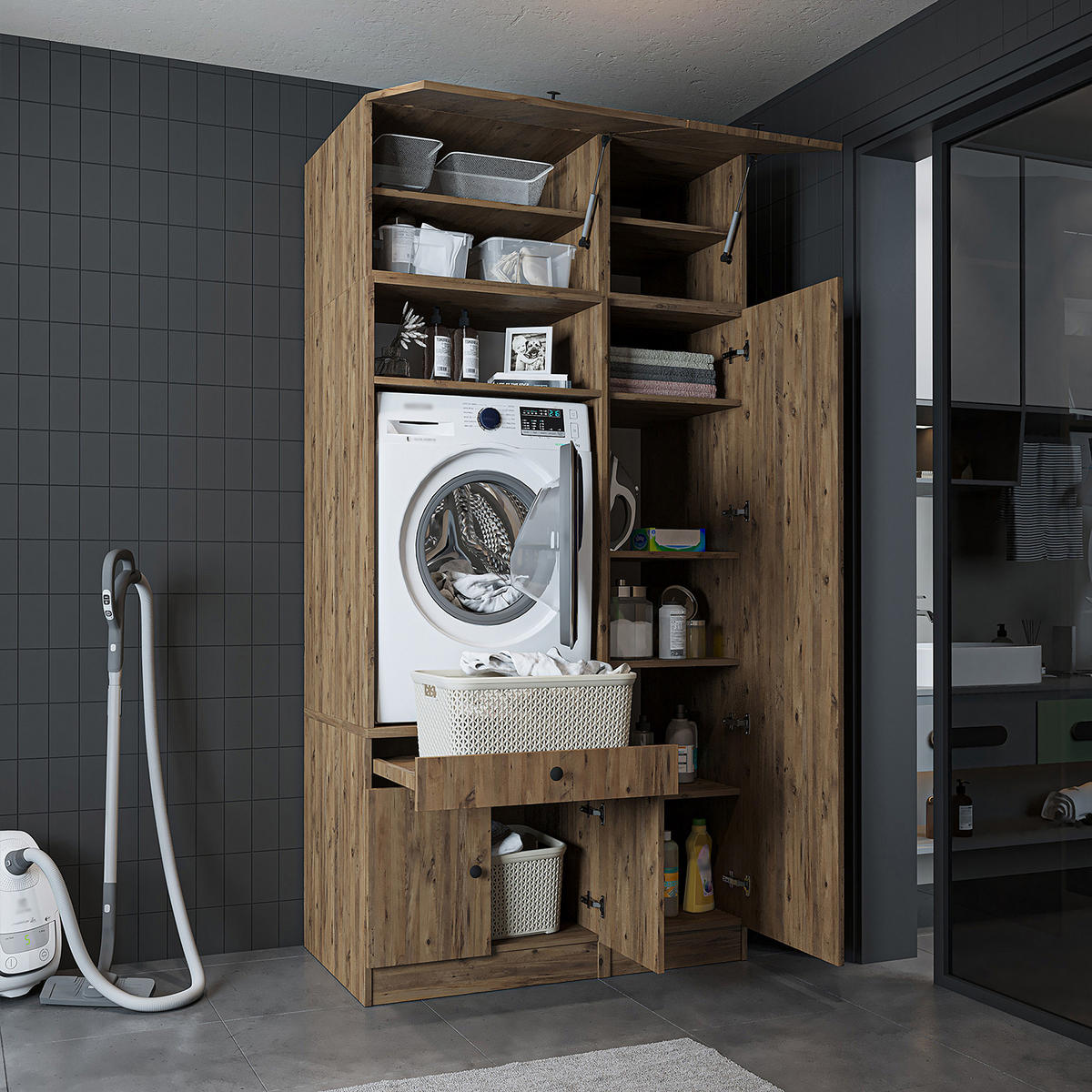 WASCHMASCHINENSCHRANK Serie 1 112cm Breit, 230cm Hoch - Eichefarben, Holzwerkstoff (112/230/67cm)