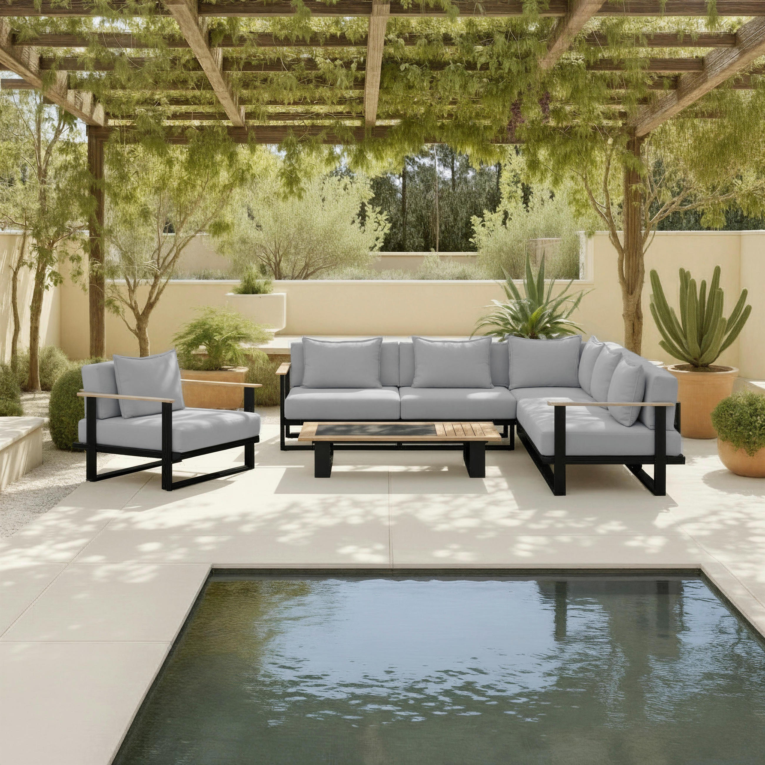 LOUNGEGARNITUR Fabrizia Grau Outdoorstoff/Metall/Holz - Grau, Holz - Bessagi Garden