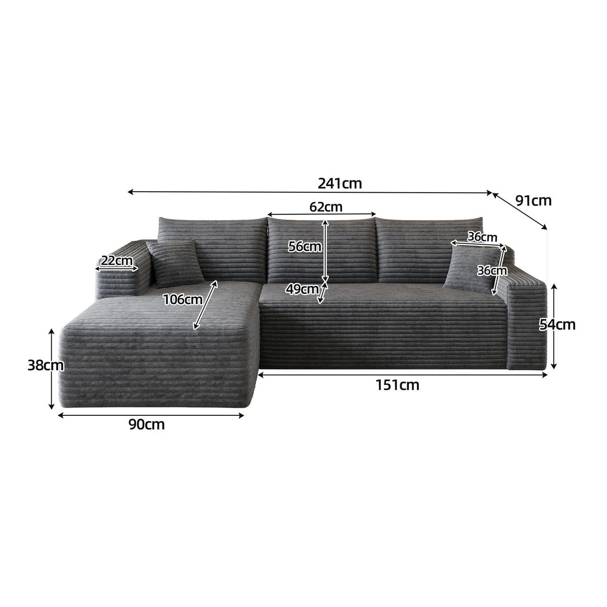 ECKSOFA 241/151/84 cm Dunkelgrau Cord, Linke Seite - Dunkelgrau, Textil (241/151cm) - Oxeza