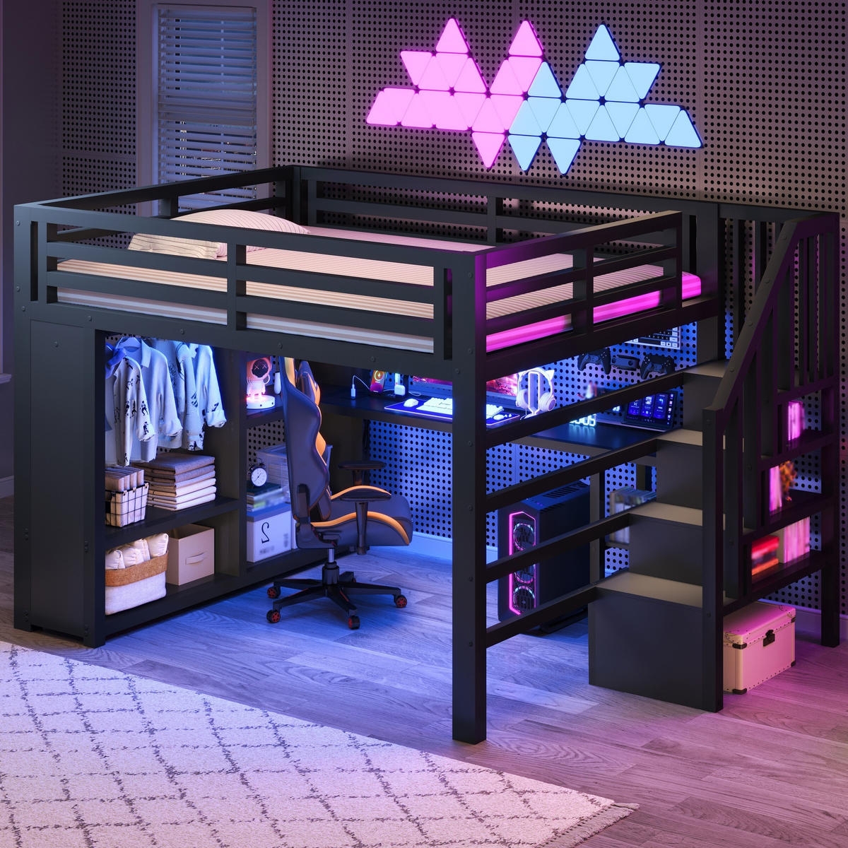 HOCHBETT 160/200 cm in Schwarz mit Schreibtisch, LED, Treppe und Kleiderschrank - Schwarz, Metall (160/200cm) - STILVORA