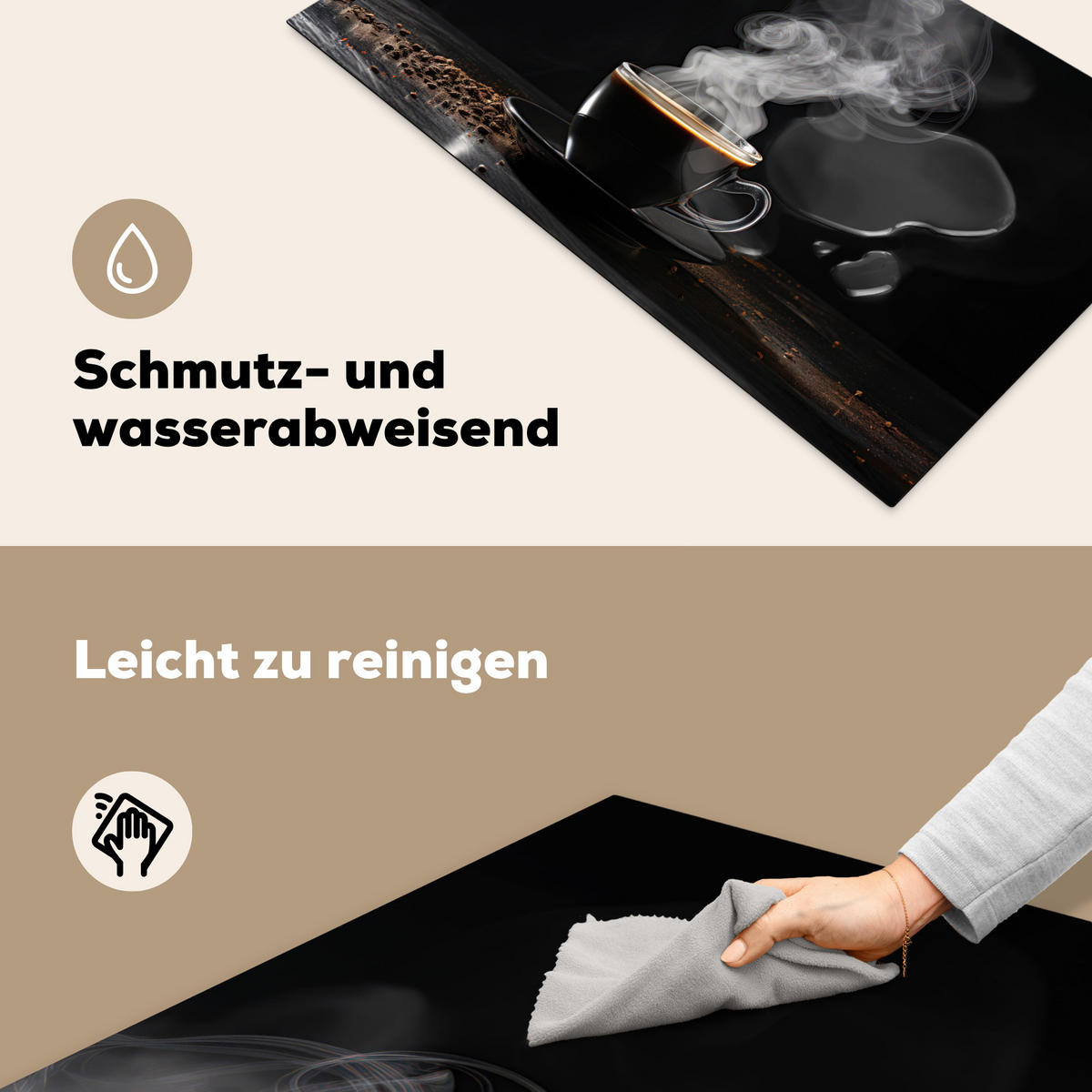 HERDABDECKPLATTE Kaffee - Schwarz - Bohnen - Heiß - Tasse Ceranfeldabdeckung 90x52 cm - Schwarz, Kunststoff (90/52/0.2cm) - MuchoWow