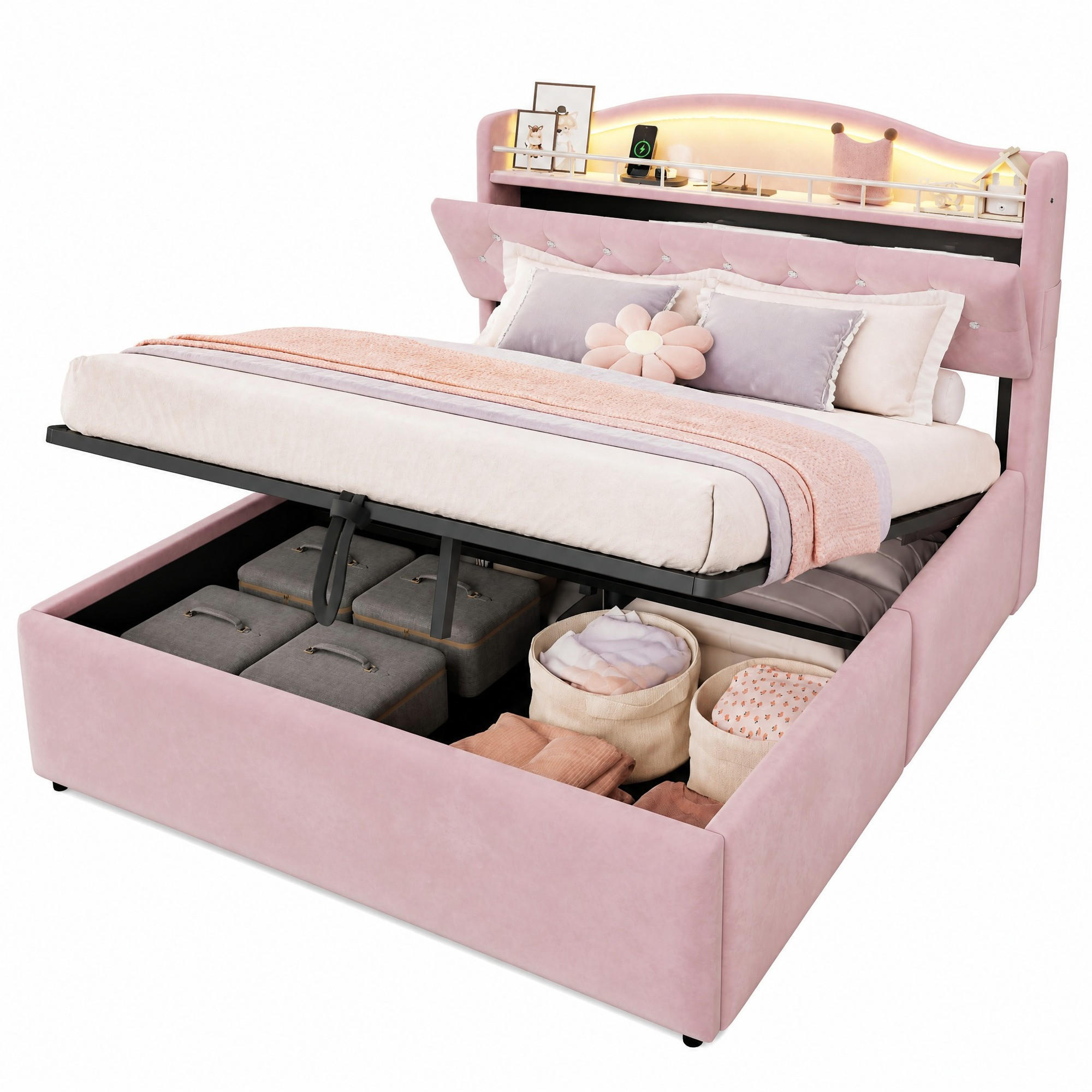 POLSTERBETT 140/200 cm in Rosa mit Bettkasten, LED und USB Samt - Rosa, Holzwerkstoff/Textil (140/200cm) - CHICFURN