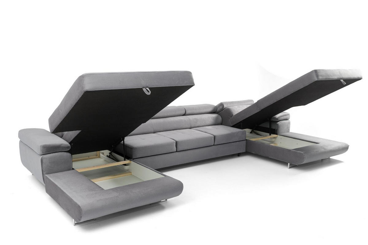 ECKSOFA U-Form ALONZO MAXI U mit Schlaffunktion 125x318 Velours Grau - Silberfarben/Grau, Holz/Textil (400/90/203cm) - Muffo
