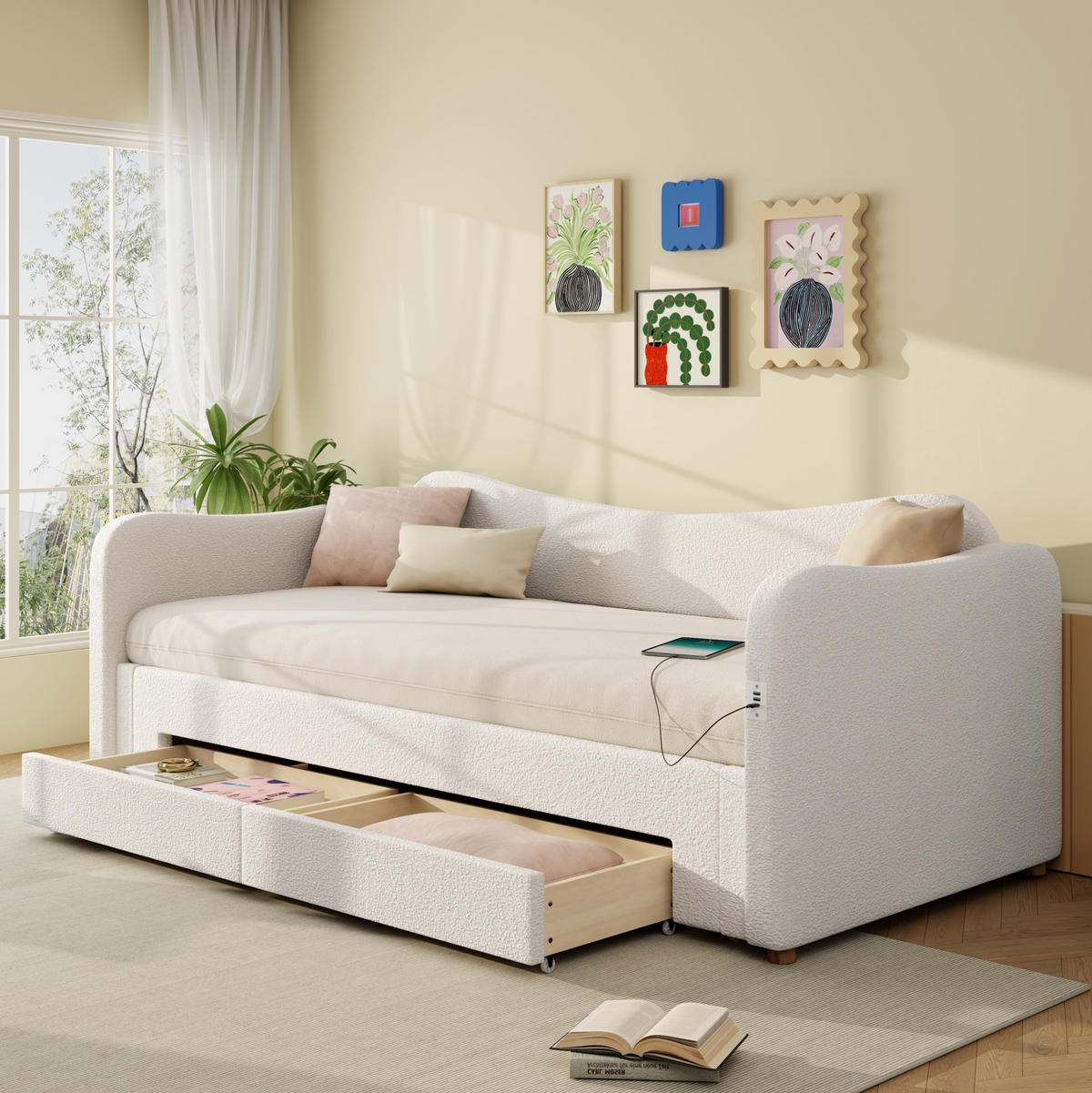 ČALÚNENÁ posteľ z bouclé 90x200 cm béžová, výsuvná na 180x200 cm, s USB a úložným priestorom - béžová, textil (90/200cm) - Modfu