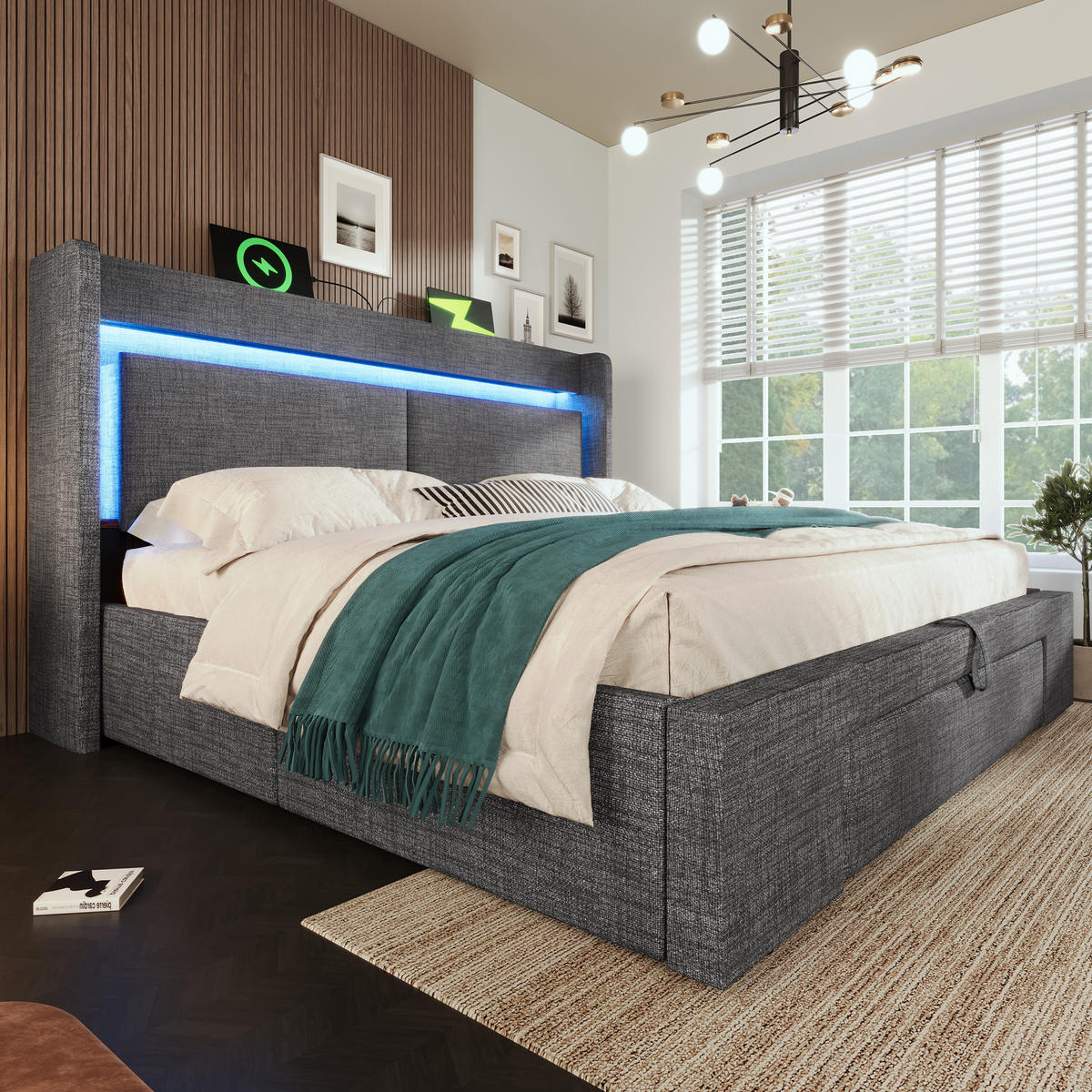 POLSTERBETT 180/200 cm mit Bettkasten, LED-Beleuchtung und USB-Anschluss in Grau - Grau, Textil (180/200cm) - BEAOK