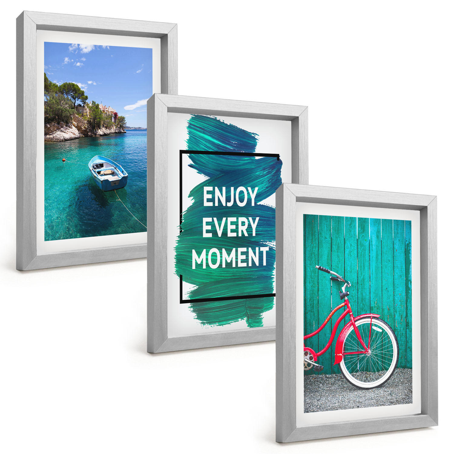 BILDER SET 3er Set - 20x30 cm Silberner Rahmen - Inspiration für ein Fahrrad mit Seeboot - Silberfarben, Kunststoff (20/30cm) - TULUP