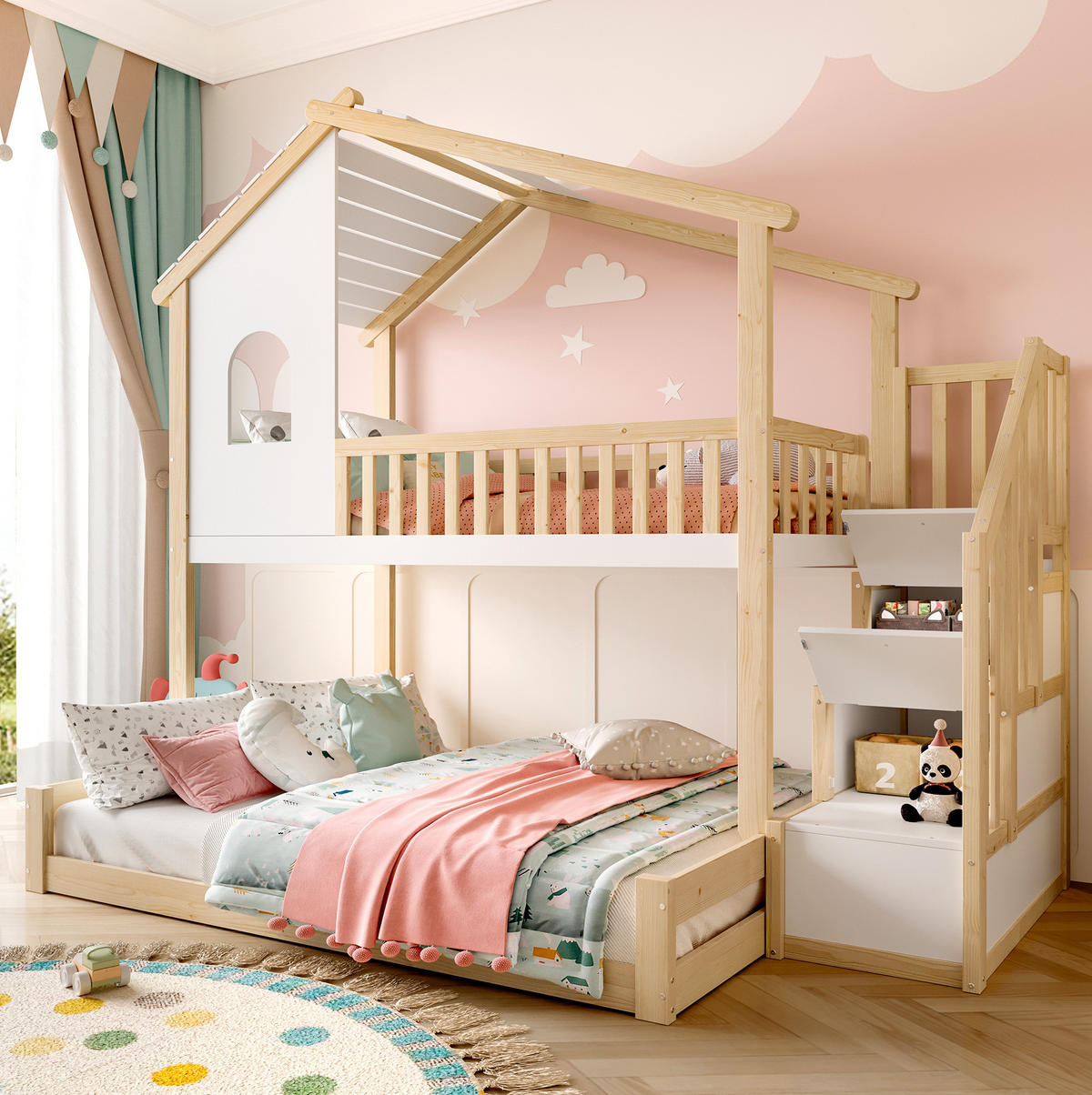 ETAGENBETT aus Kiefernholz 90x200/140x200 cm Natur/Weiß mit Stauraumleiter, Hausform, Fenster und Bettgitter - Naturfarben, Holzwerkstoff (90/200cm) - Modfu