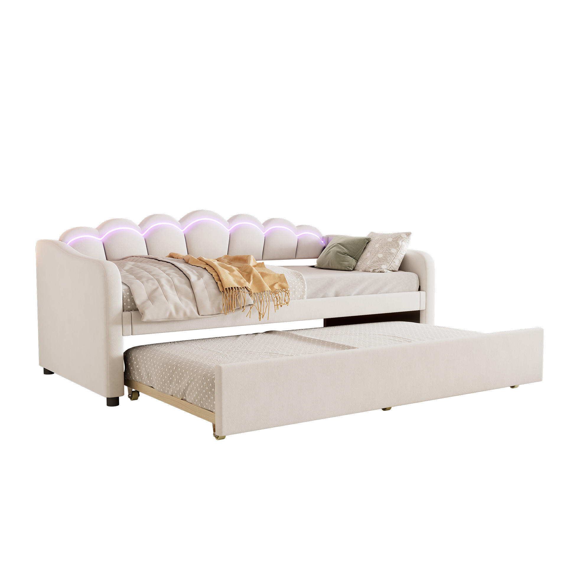 POLSTERBETT 90/200 cm Beige aus Samt mit Ausziehbett und LED-Beleuchtung - Beige, Textil (90/200cm) - OKMYHOME