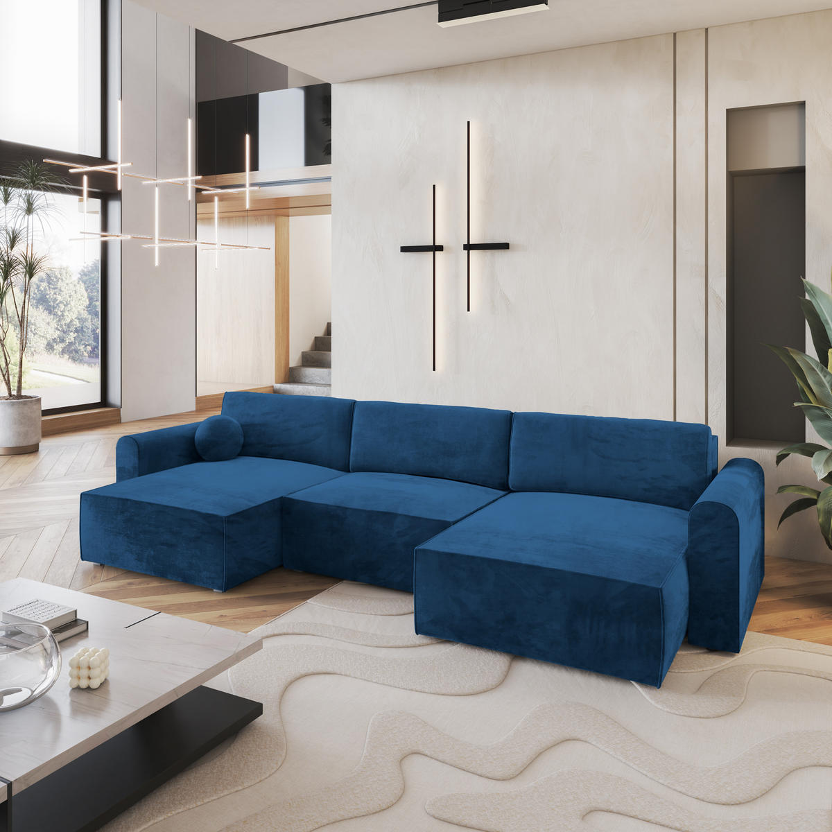 WOHNLANDSCHAFT FENTO M Blau Velours-Stoff mit Schlaffunktion - Blau, Holz (347/90/148cm) - MASSENO