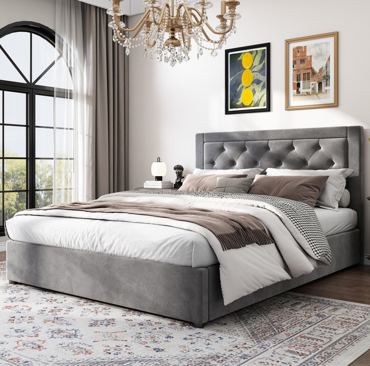 POLSTERBETT 140/200 cm mit Stauraum, Samtbezug und Chesterfield-Kopfteil, Grau - Grau, Metall (140/200cm) - Redom