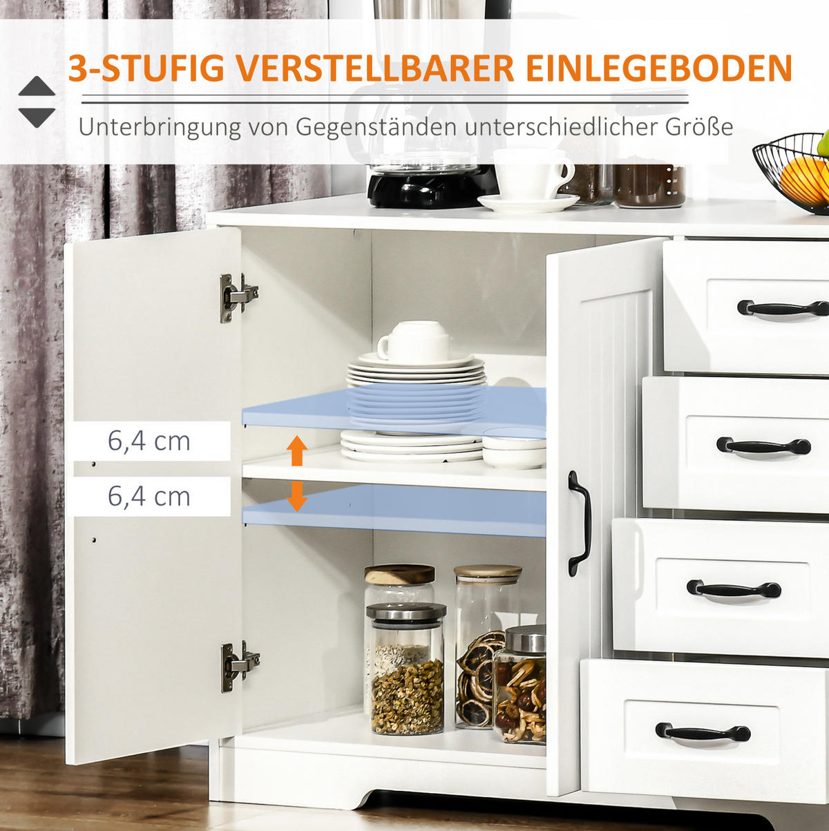 SIDEBOARD 105/40/76 cm aus MDF mit 4 Schubladen und verstellbarem Einlegeboden Weiß - Weiß, Holzwerkstoff (105/76/40cm) - Modenvie