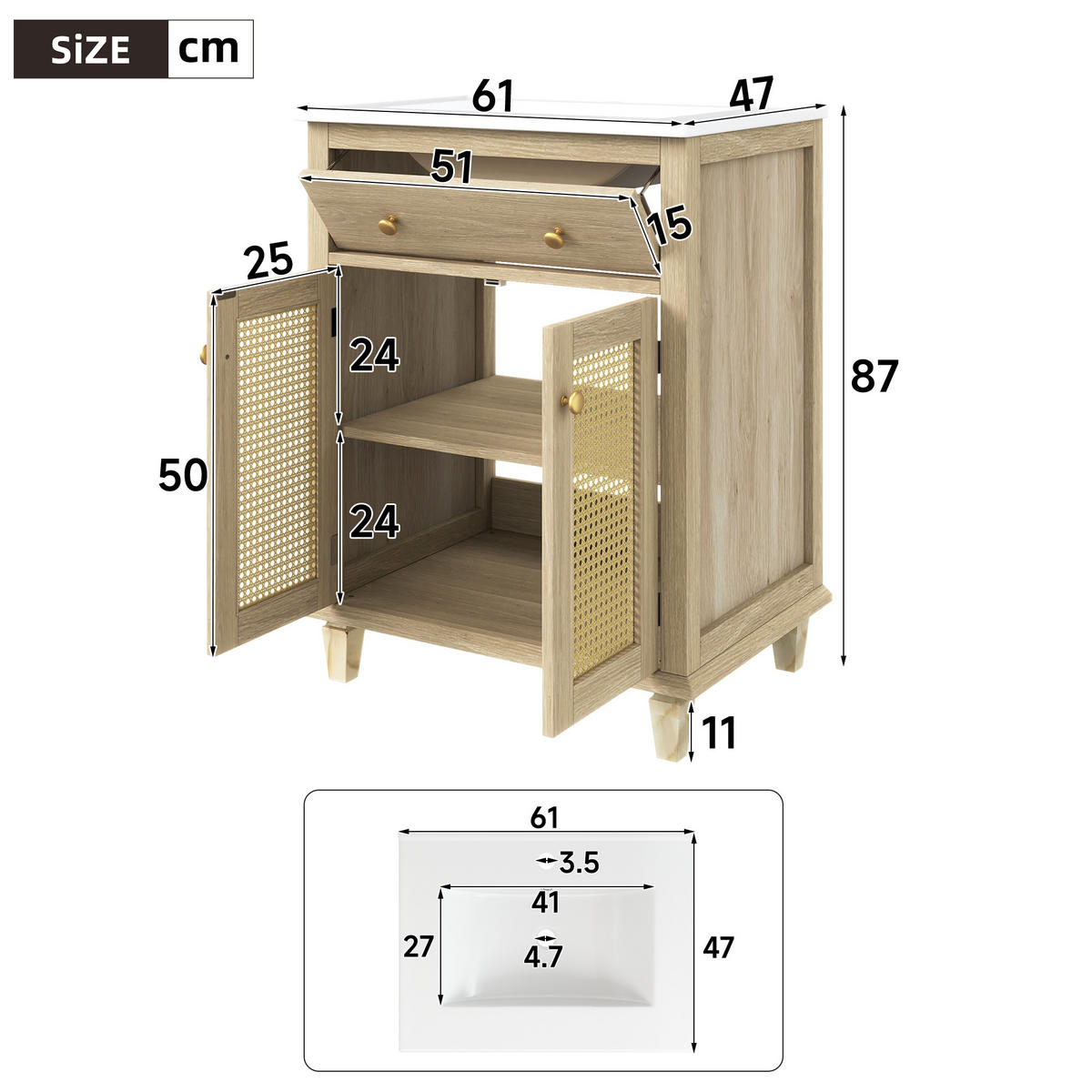 BADEZIMMERSCHRANK Rattan Türen Klappschublade Verstellbare Böden 61cm - Naturfarben, Keramik (61/87/47cm) - FLIEKS