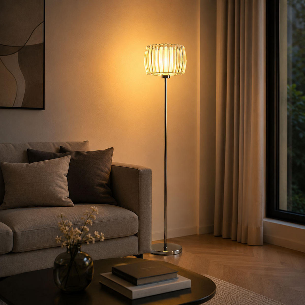 LED STEHLEUCHTE, Metall verchromt, Silber, Fußschalter - Silberfarben, Glas (32.5/32.5/150cm) - Globo Lighting