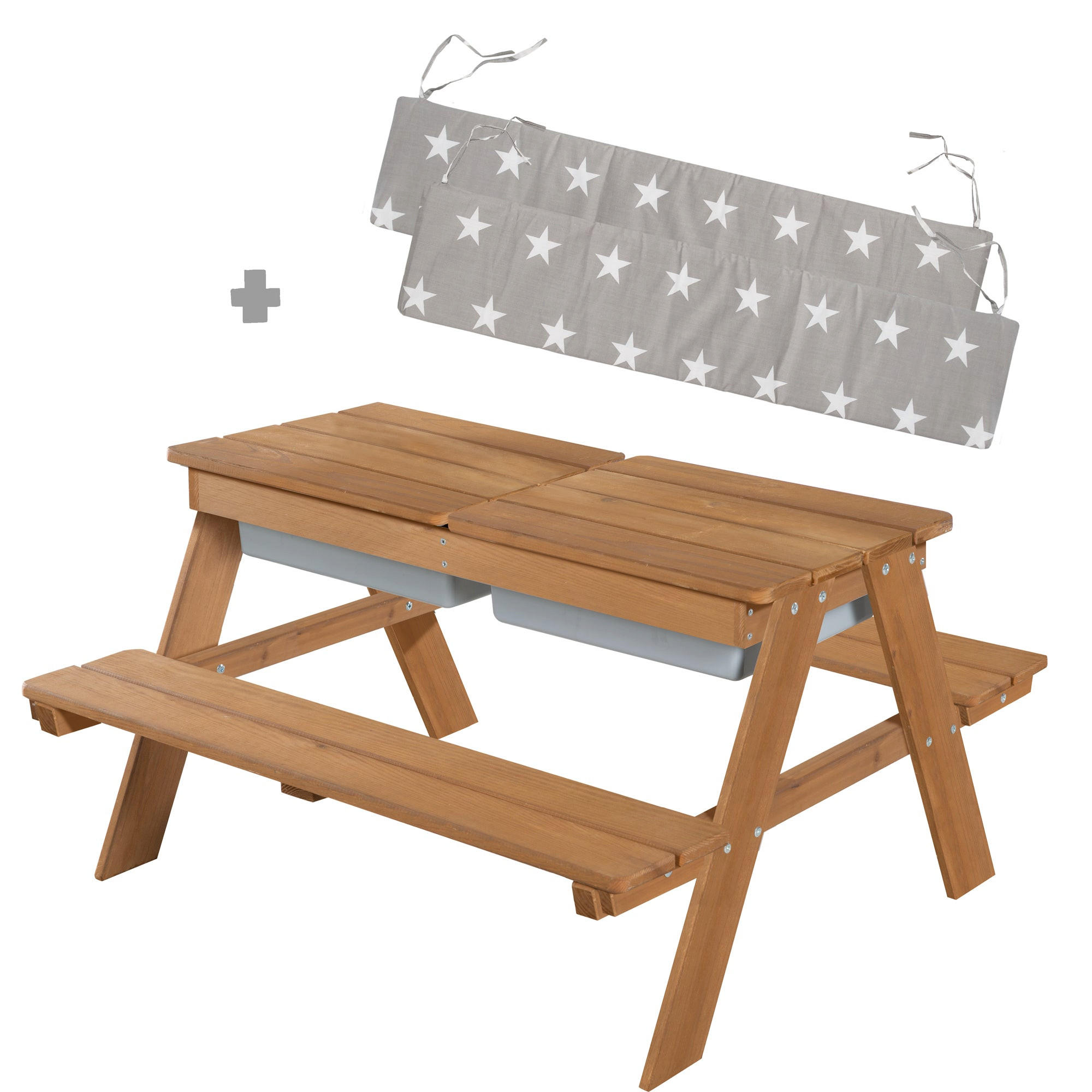 KINDERSITZGARNITUR OUTDOOR + mit Spielwannen und Bankkissen - Teakfarben, Holz - Roba