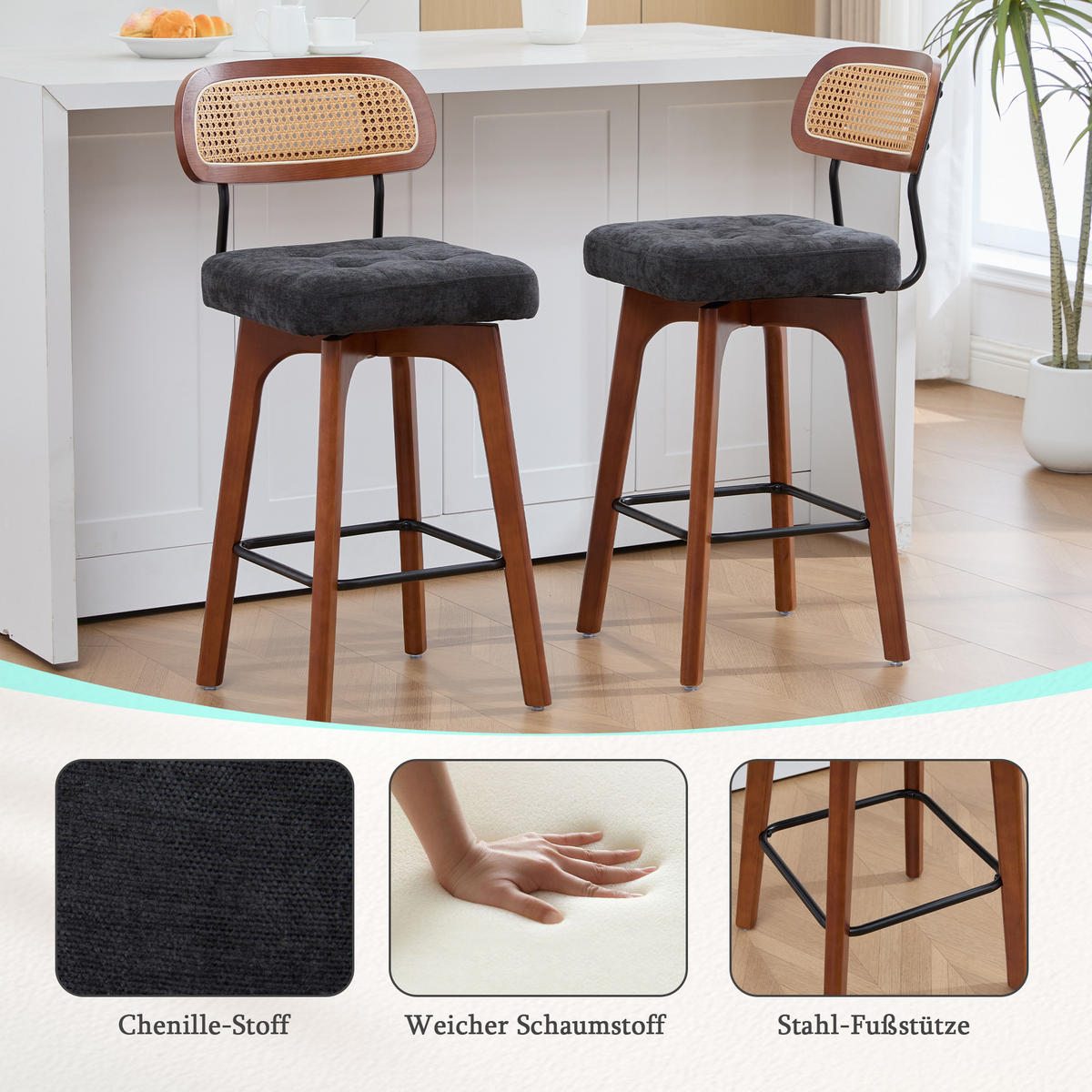 BARHOCKER 2er Set, 360° drehbar, Wiener Geflecht/Chenille, 67,5cm Sitzhöhe,Schwarz - Wildeiche/Schwarz, Holz/Textil (44/96/51cm) - LVHOM