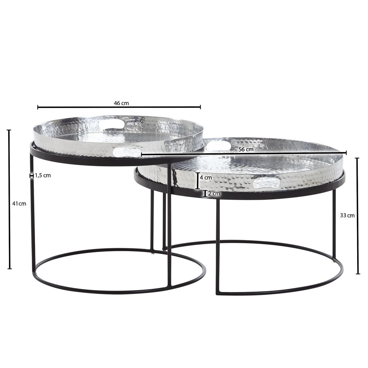 COUCHTISCH 2er Set Aluminium Hammerschlag Handgefertigt, Silber 56x56x33 cm - Silberfarben/Schwarz, Metall (56/56/33cm) - KADIMA DESIGN