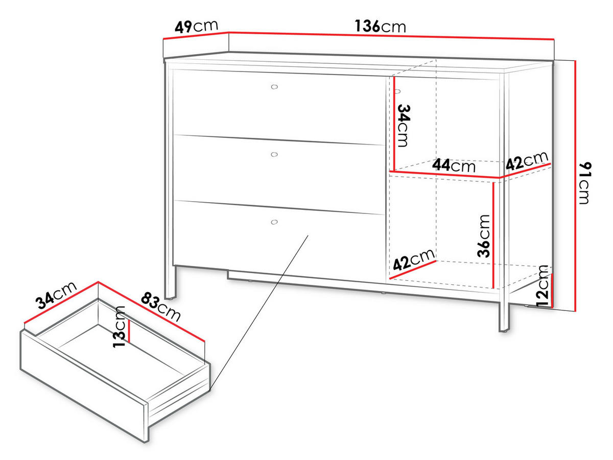 SIDEBOARD 1D3S Enna EN-04 - Sandfarben/Schwarz, Holzwerkstoff/Kunststoff (136/91/49cm) - MIRJAN24