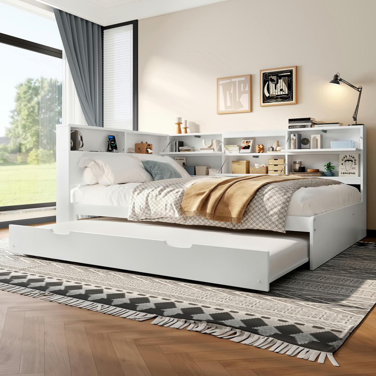 BETT 140/200 cm mit Kopfteil und Ausziehbett in Weiß - Weiß, Holzwerkstoff (140/200cm) - BEAOK